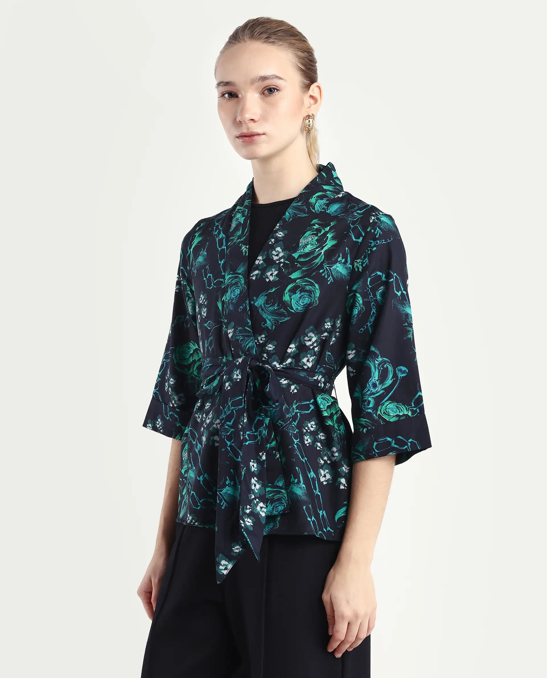 Rareism Women's Gamo Black Cotton Blend Overlap Neck Floral Print Regular Fit Top - Image 5