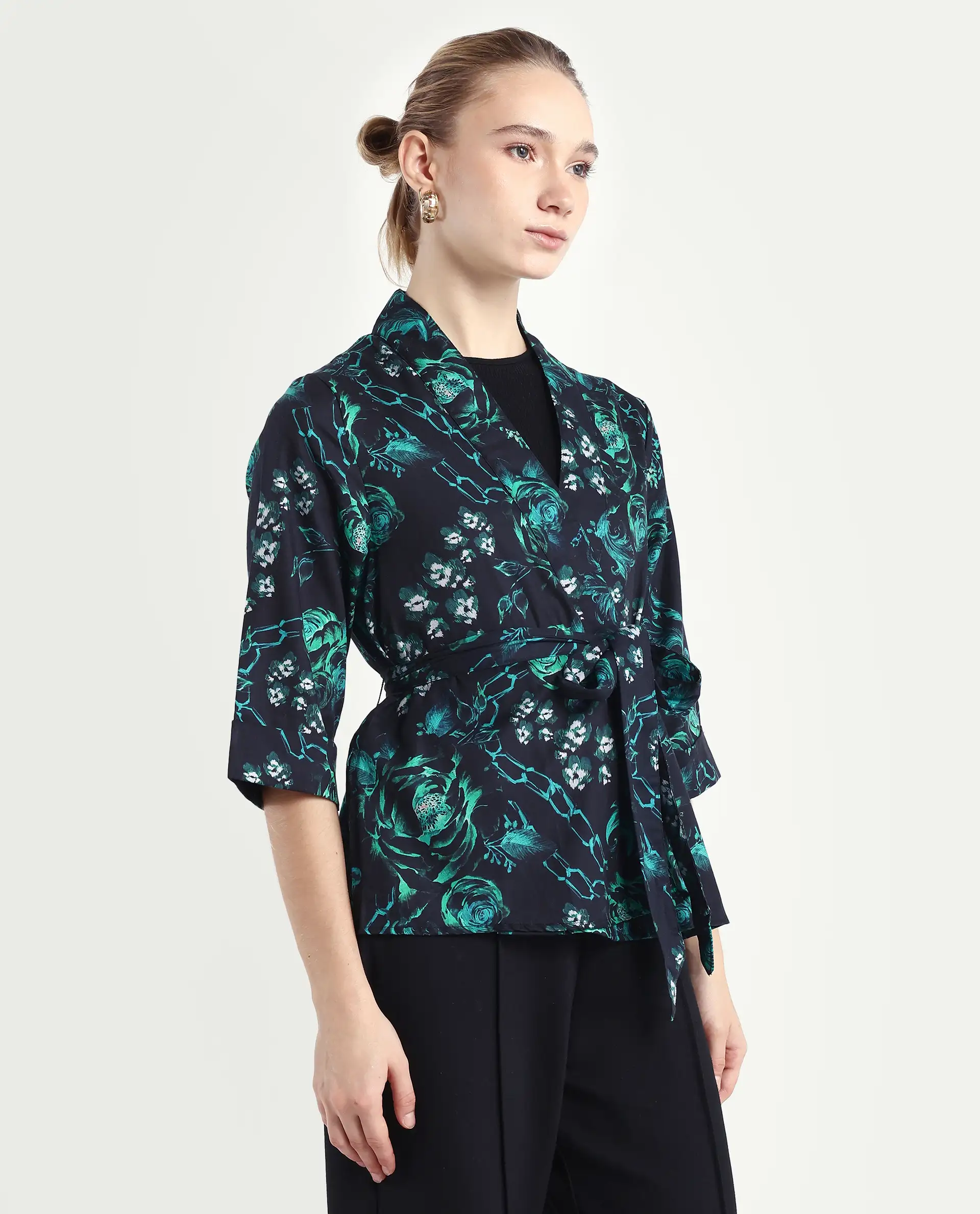 Rareism Women's Gamo Black Cotton Blend Overlap Neck Floral Print Regular Fit Top - Image 6