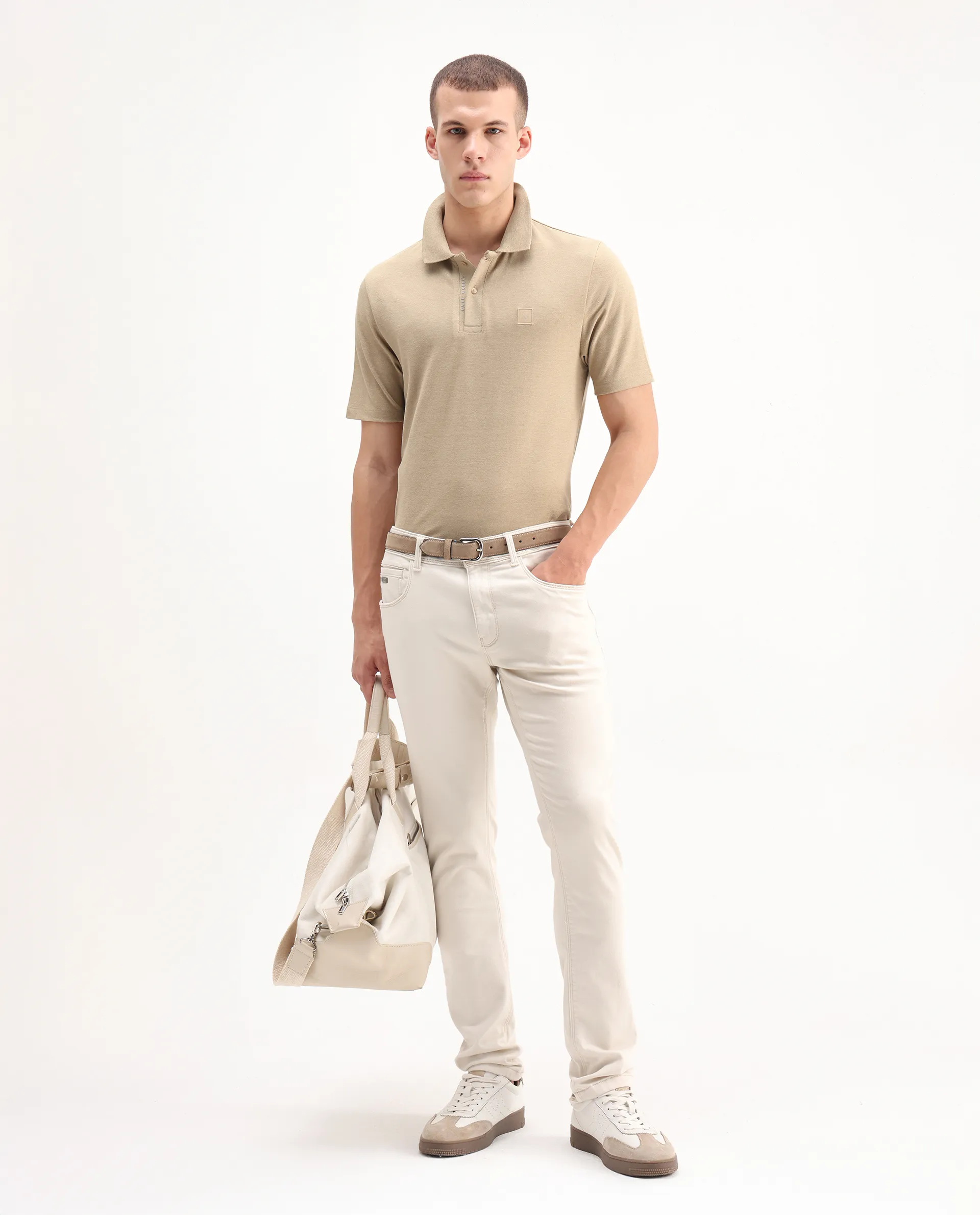 Rare Rabbit Men's Gamor Beige Cotton Blend Plain Regular Fit Half Sleeve Polo - Image 2