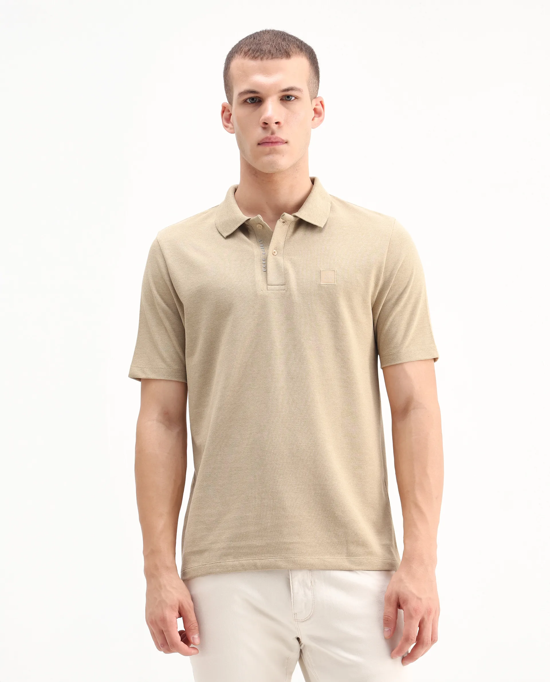 Rare Rabbit Men's Gamor Beige Cotton Blend Plain Regular Fit Half Sleeve Polo - Image 3