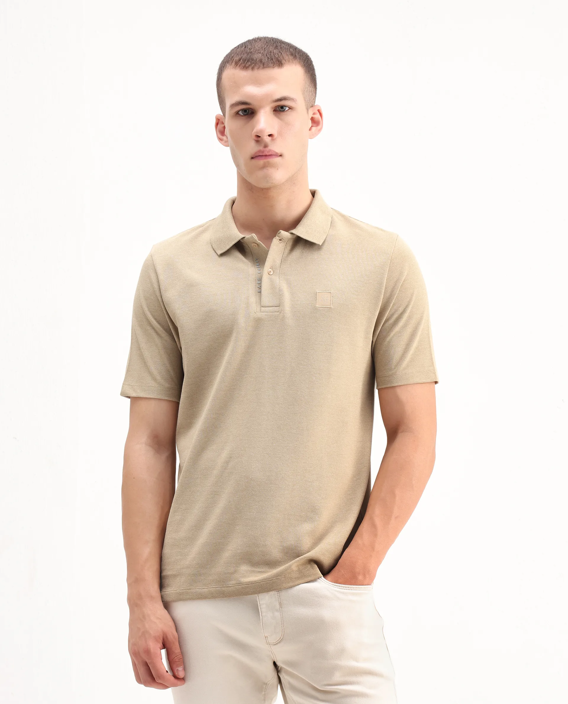 Rare Rabbit Men's Gamor Beige Cotton Blend Plain Regular Fit Half Sleeve Polo - Image 4