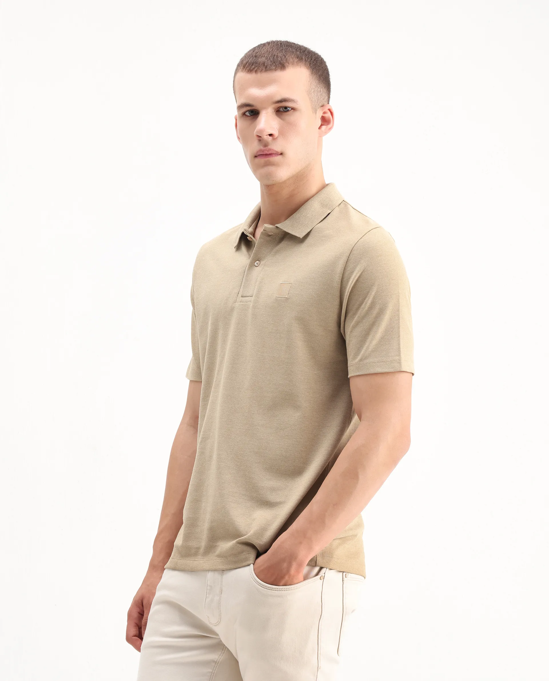 Rare Rabbit Men's Gamor Beige Cotton Blend Plain Regular Fit Half Sleeve Polo - Image 6