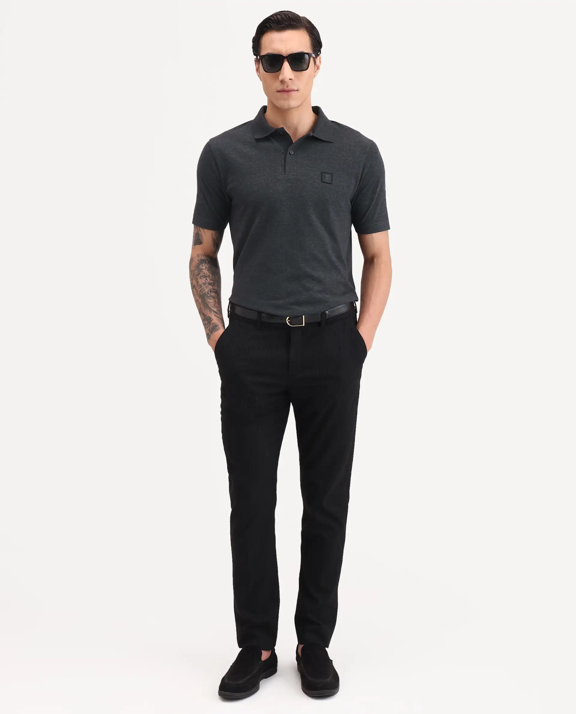 Rare Rabbit Men's Gamor Black Cotton Blend Fabric Half Sleeve Spread Collar Regular Fit Plain Polo - Image 2