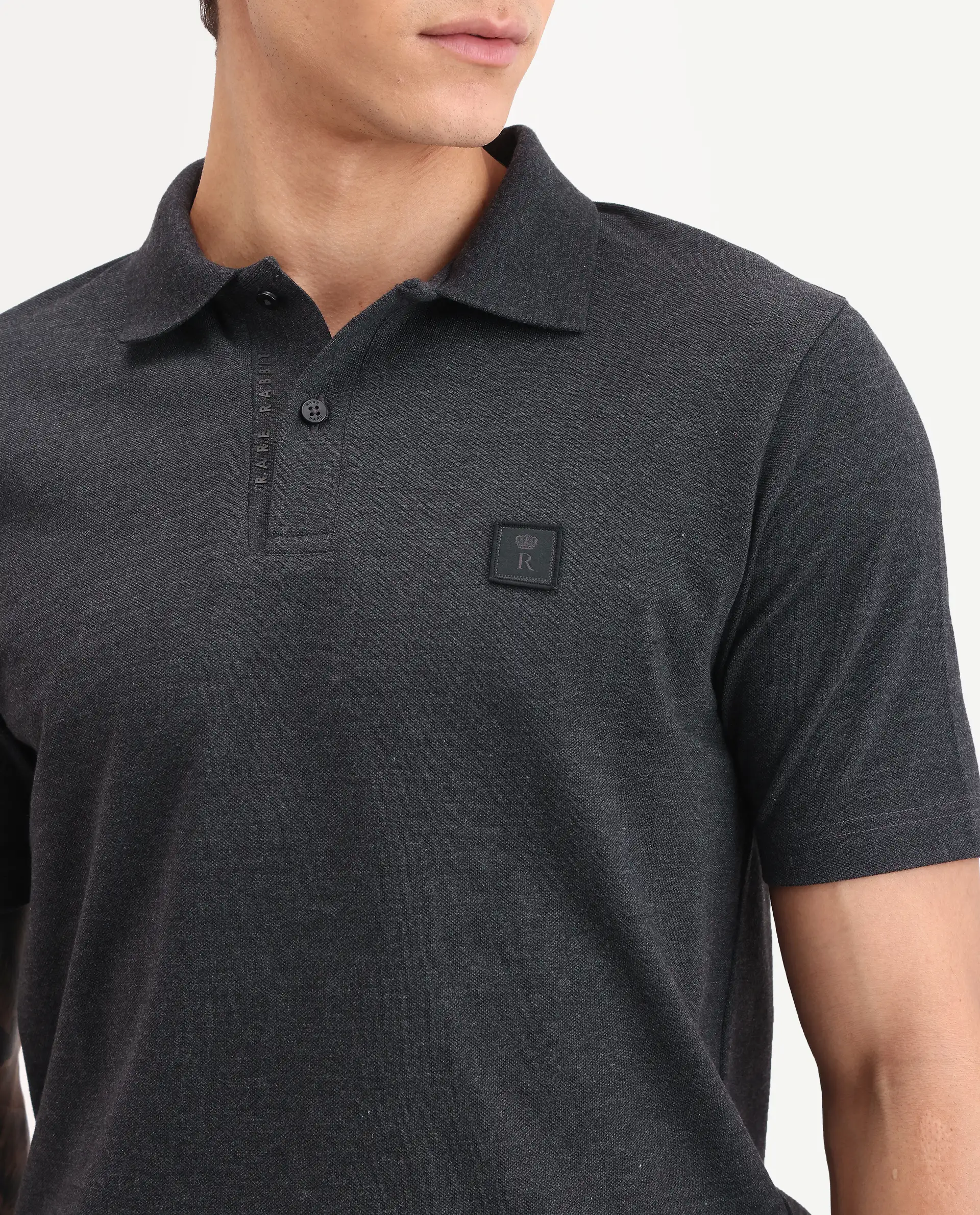 Rare Rabbit Men's Gamor Black Cotton Blend Fabric Half Sleeve Spread Collar Regular Fit Plain Polo - Image 3