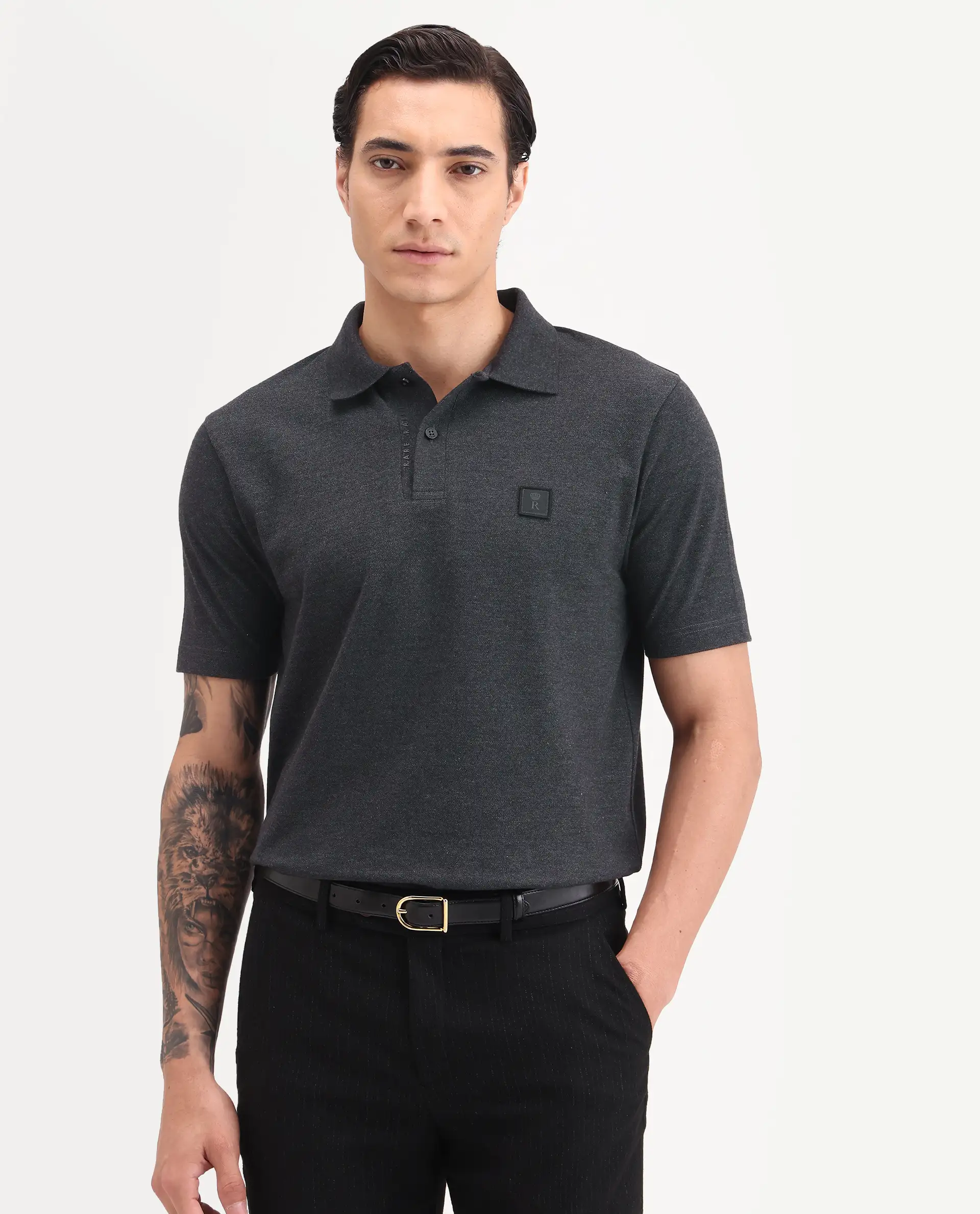 Rare Rabbit Men's Gamor Black Cotton Blend Fabric Half Sleeve Spread Collar Regular Fit Plain Polo - Image 4