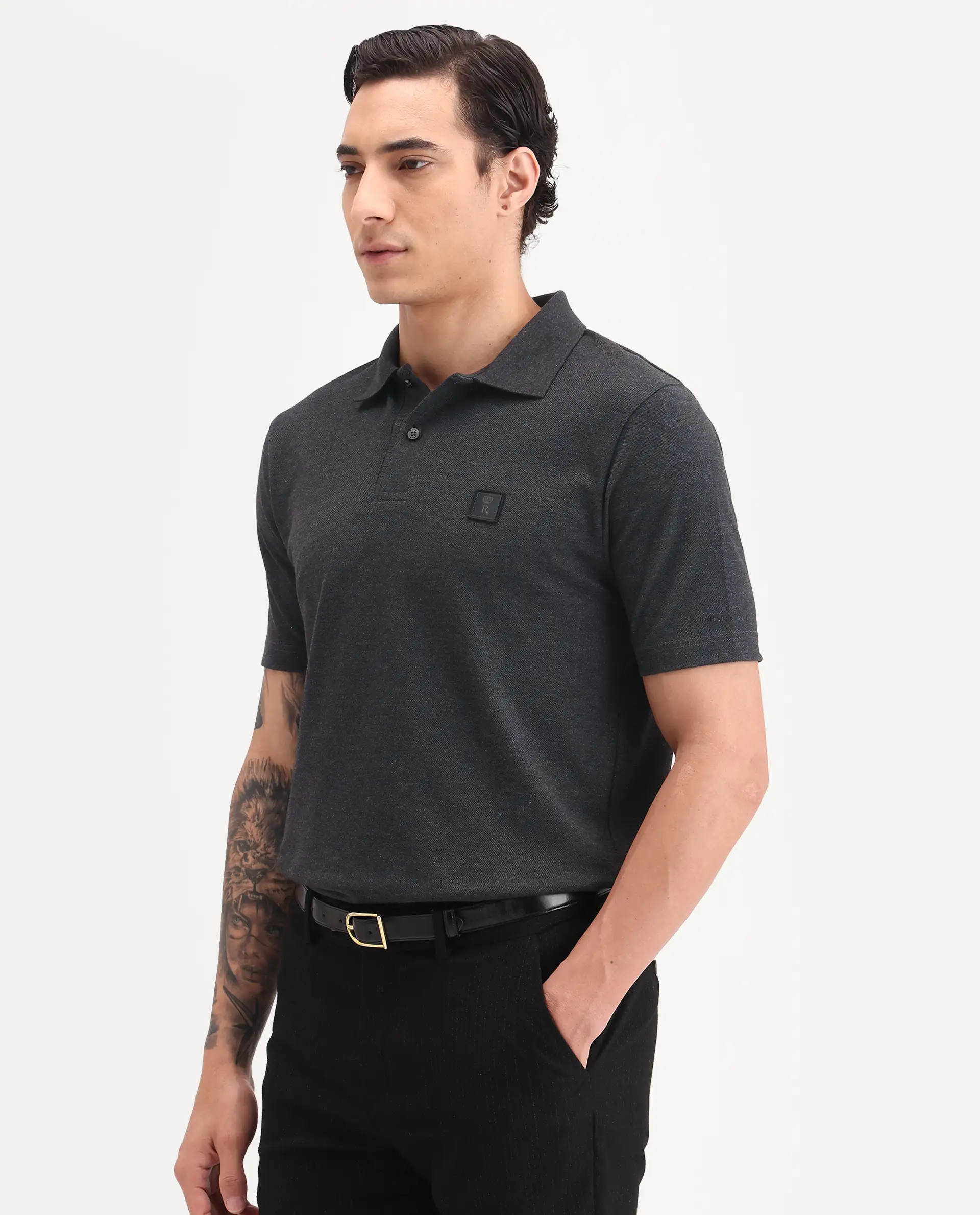 Rare Rabbit Men's Gamor Black Cotton Blend Fabric Half Sleeve Spread Collar Regular Fit Plain Polo - Image 5