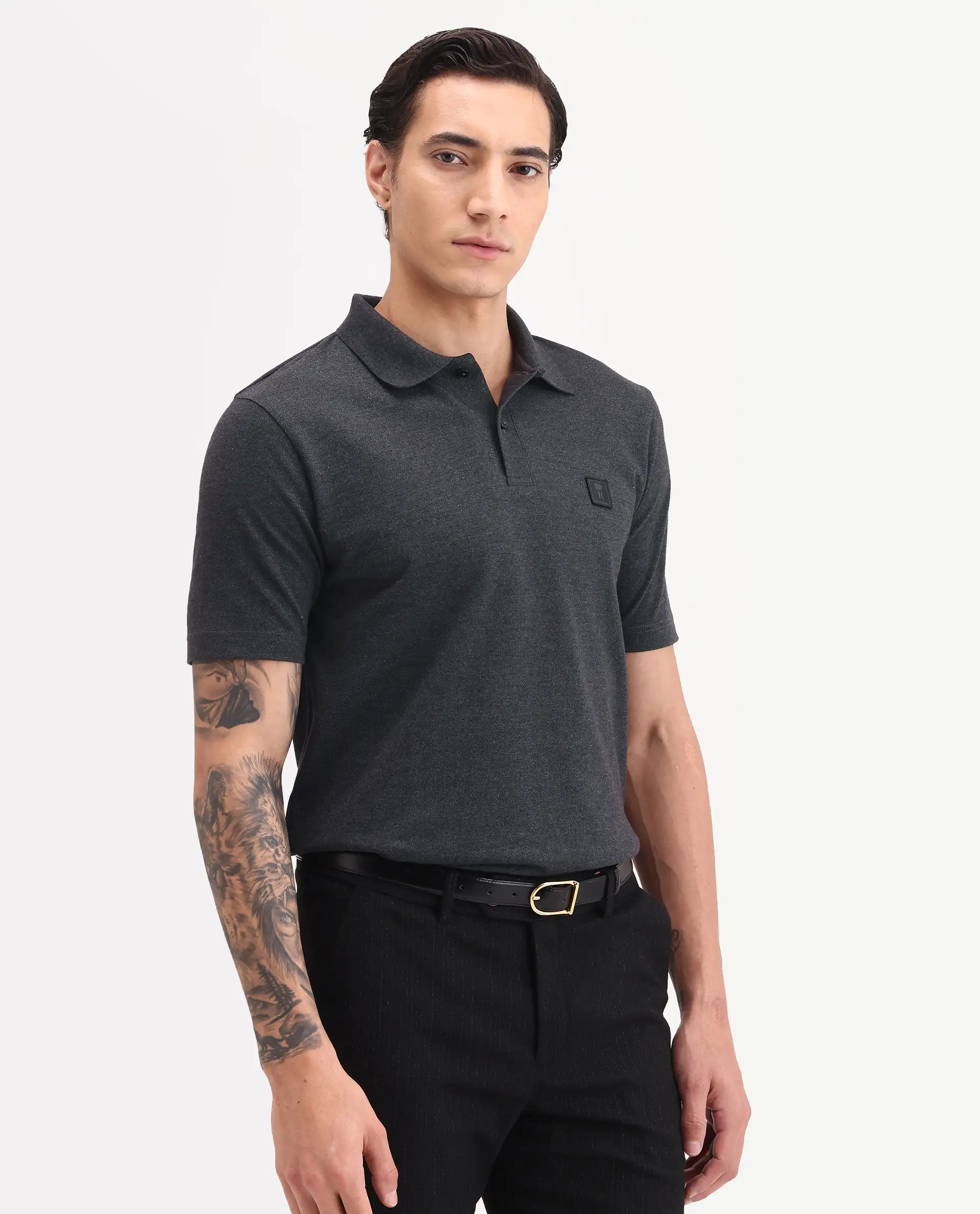 Rare Rabbit Men's Gamor Black Cotton Blend Fabric Half Sleeve Spread Collar Regular Fit Plain Polo - Image 6