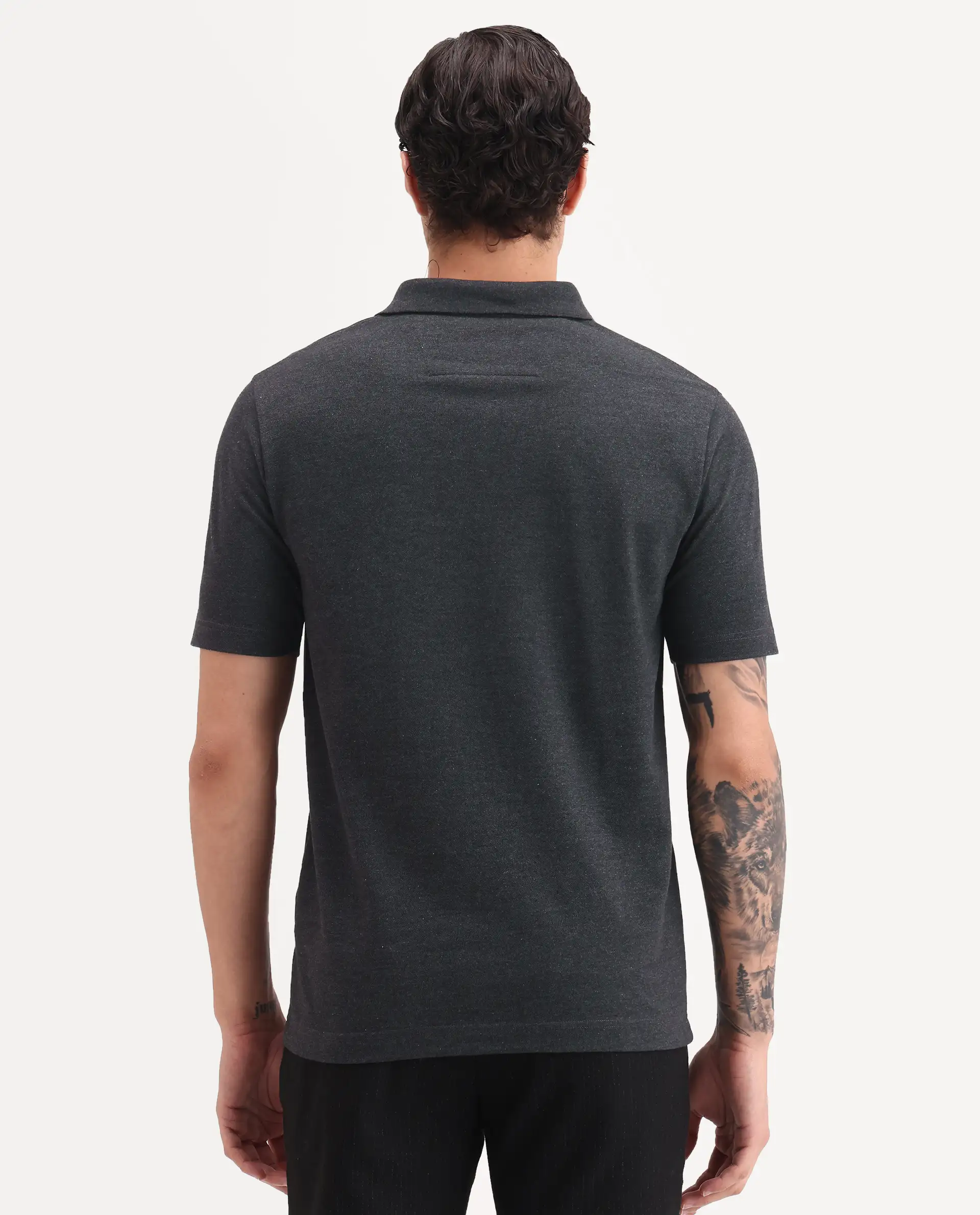 Rare Rabbit Men's Gamor Black Cotton Blend Fabric Half Sleeve Spread Collar Regular Fit Plain Polo - Image 7