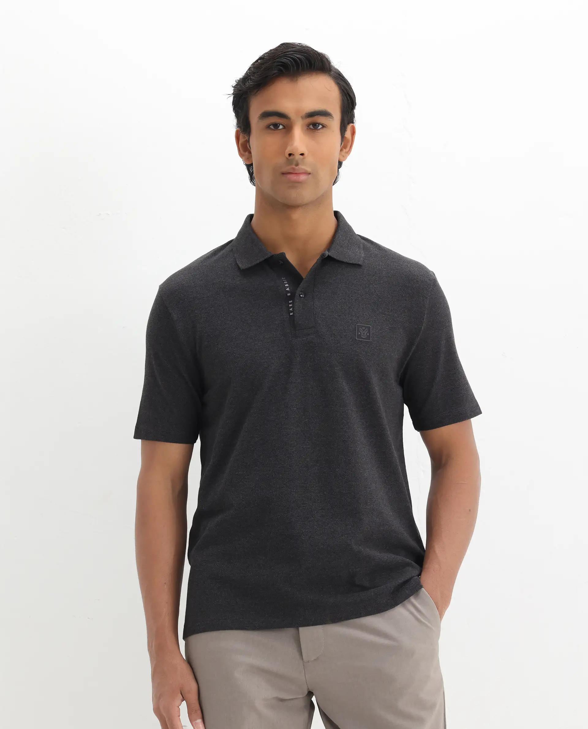 Rare Rabbit Men's Gamor Black Cotton Blend Plain Regular Fit Half Sleeve Polo - Image 4