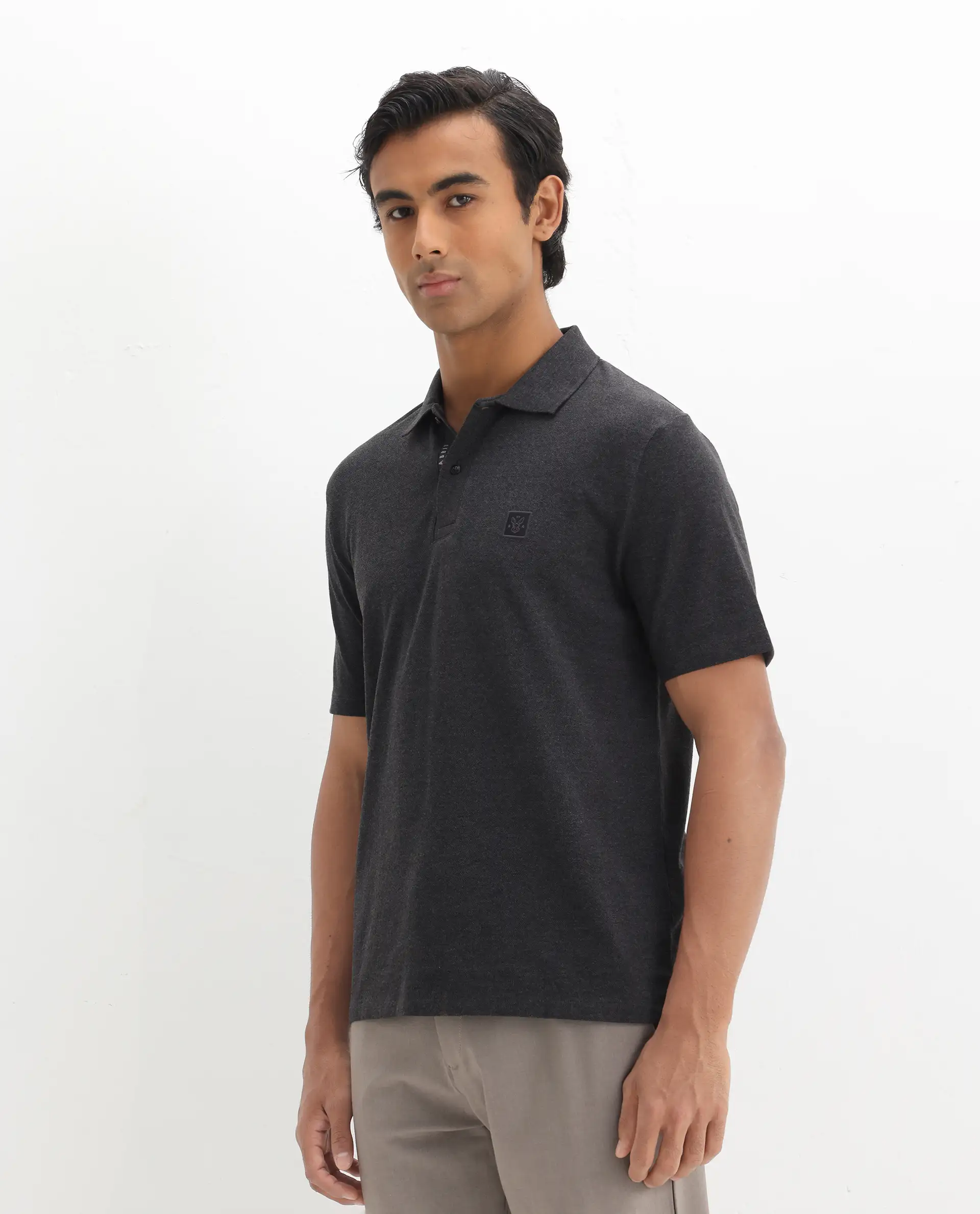Rare Rabbit Men's Gamor Black Cotton Blend Plain Regular Fit Half Sleeve Polo - Image 5