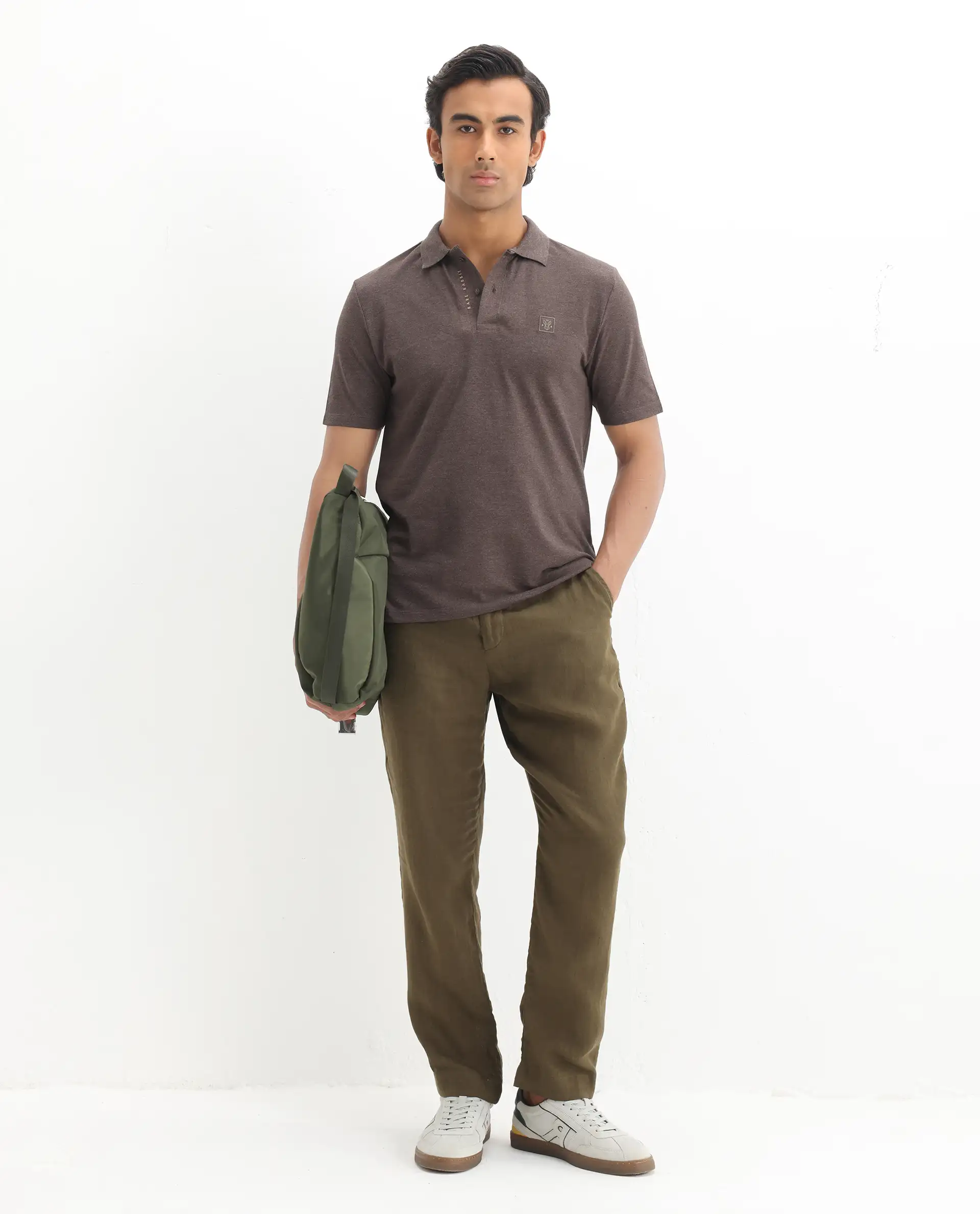 Rare Rabbit Men's Gamor Dark Brown Cotton Blend Plain Regular Fit Half Sleeve Polo - Image 2
