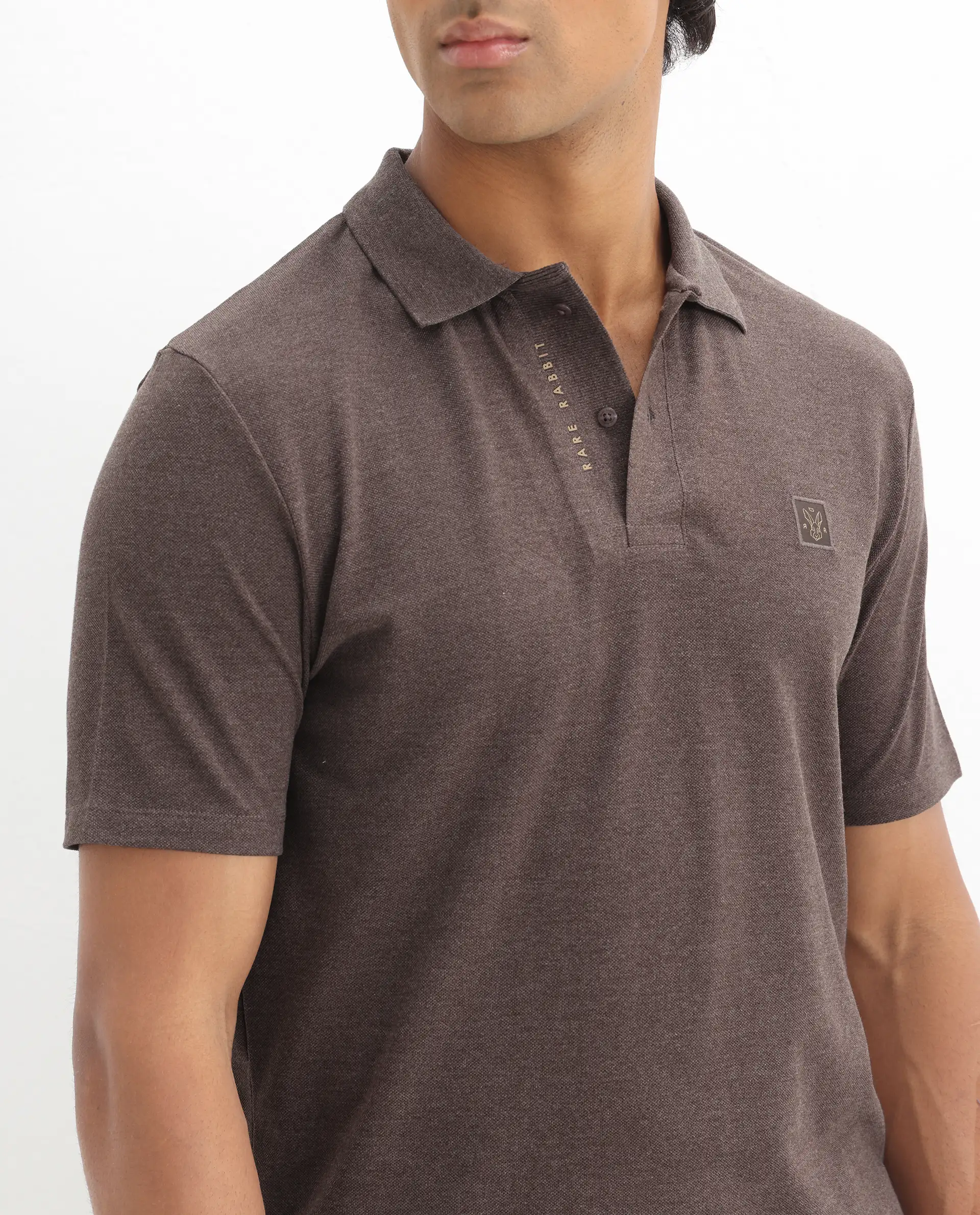 Rare Rabbit Men's Gamor Dark Brown Cotton Blend Plain Regular Fit Half Sleeve Polo - Image 3