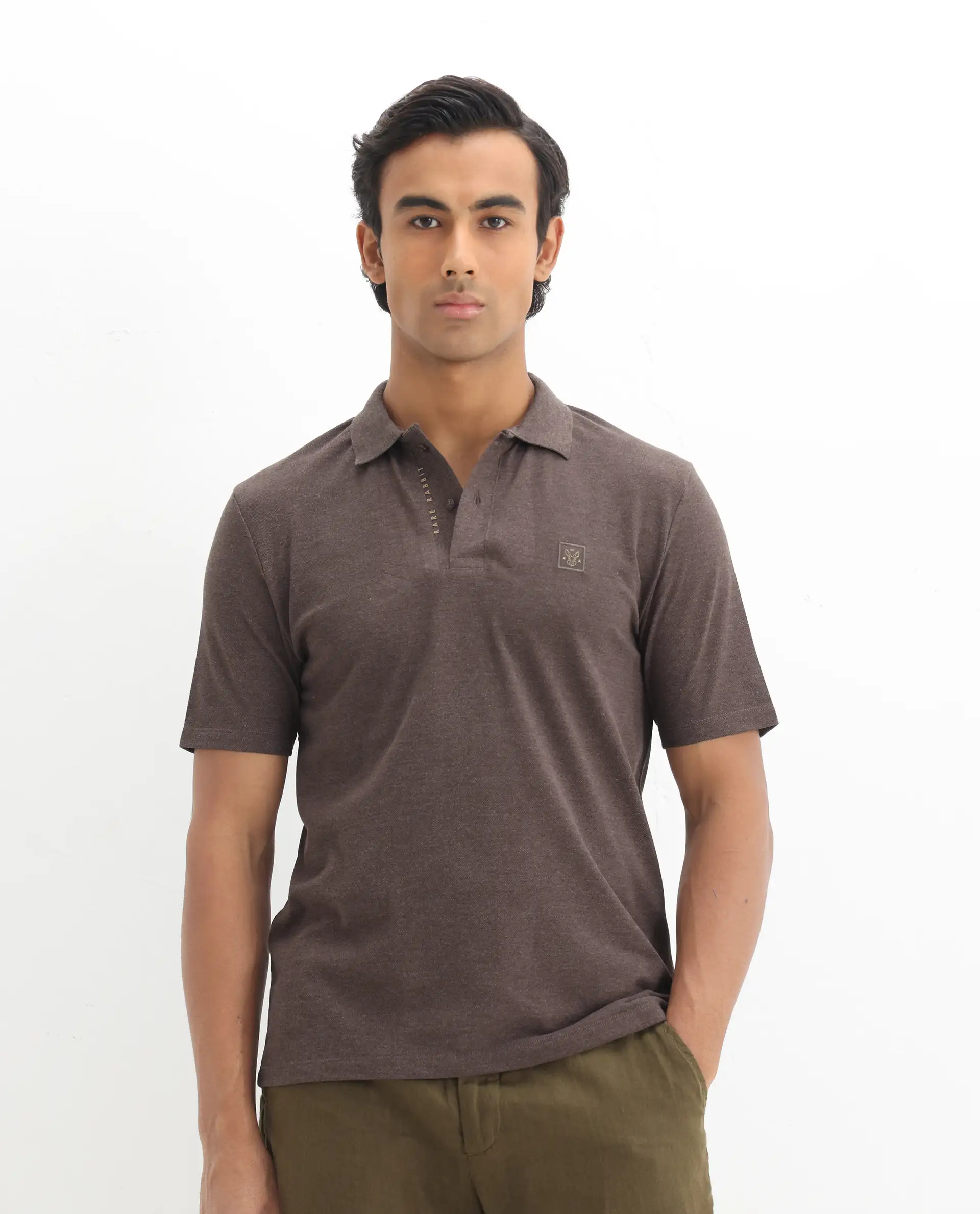 Rare Rabbit Men's Gamor Dark Brown Cotton Blend Plain Regular Fit Half Sleeve Polo - Image 4