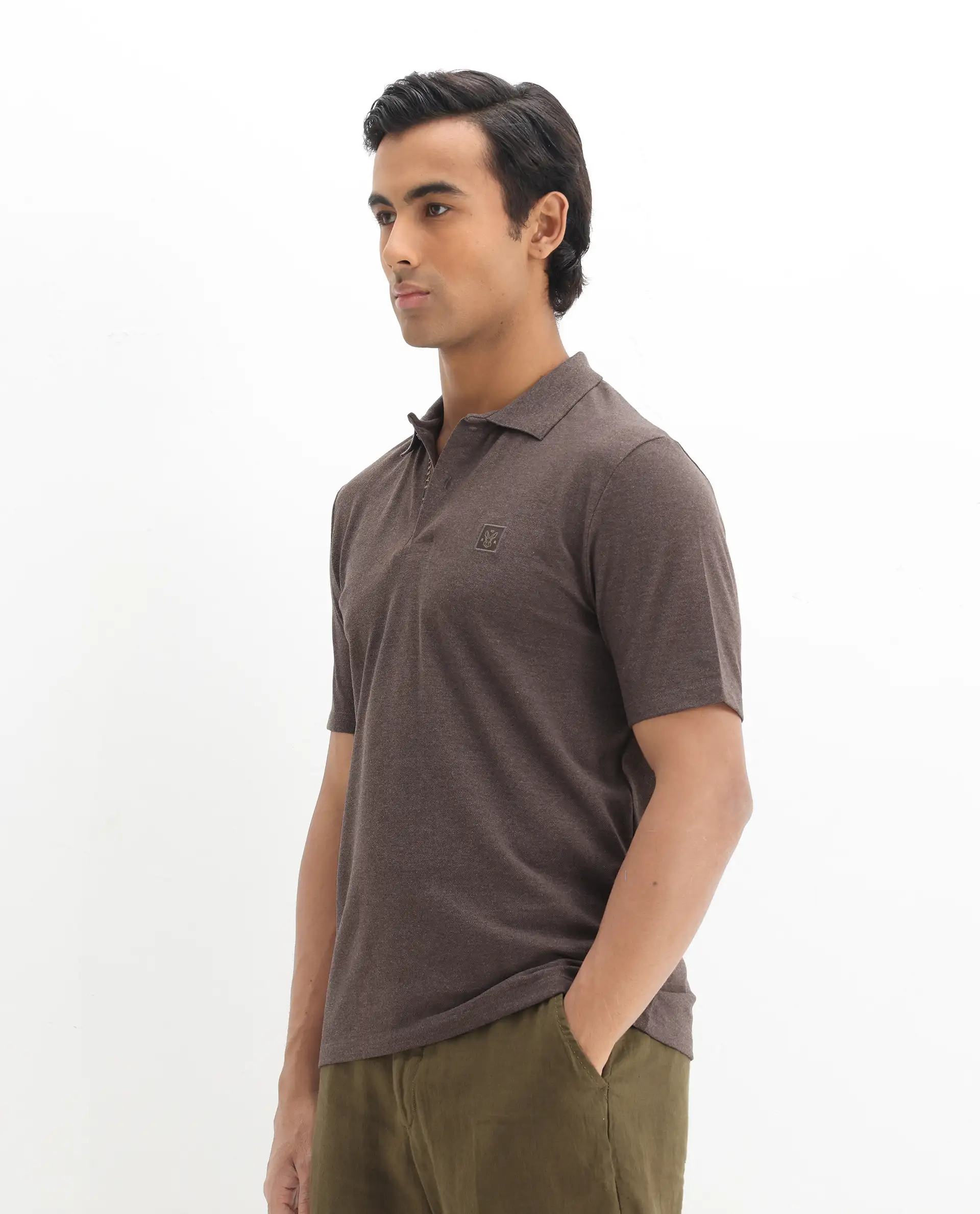Rare Rabbit Men's Gamor Dark Brown Cotton Blend Plain Regular Fit Half Sleeve Polo - Image 5