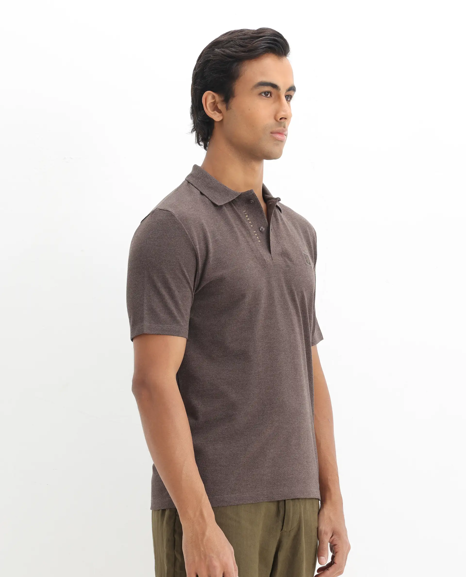 Rare Rabbit Men's Gamor Dark Brown Cotton Blend Plain Regular Fit Half Sleeve Polo - Image 6
