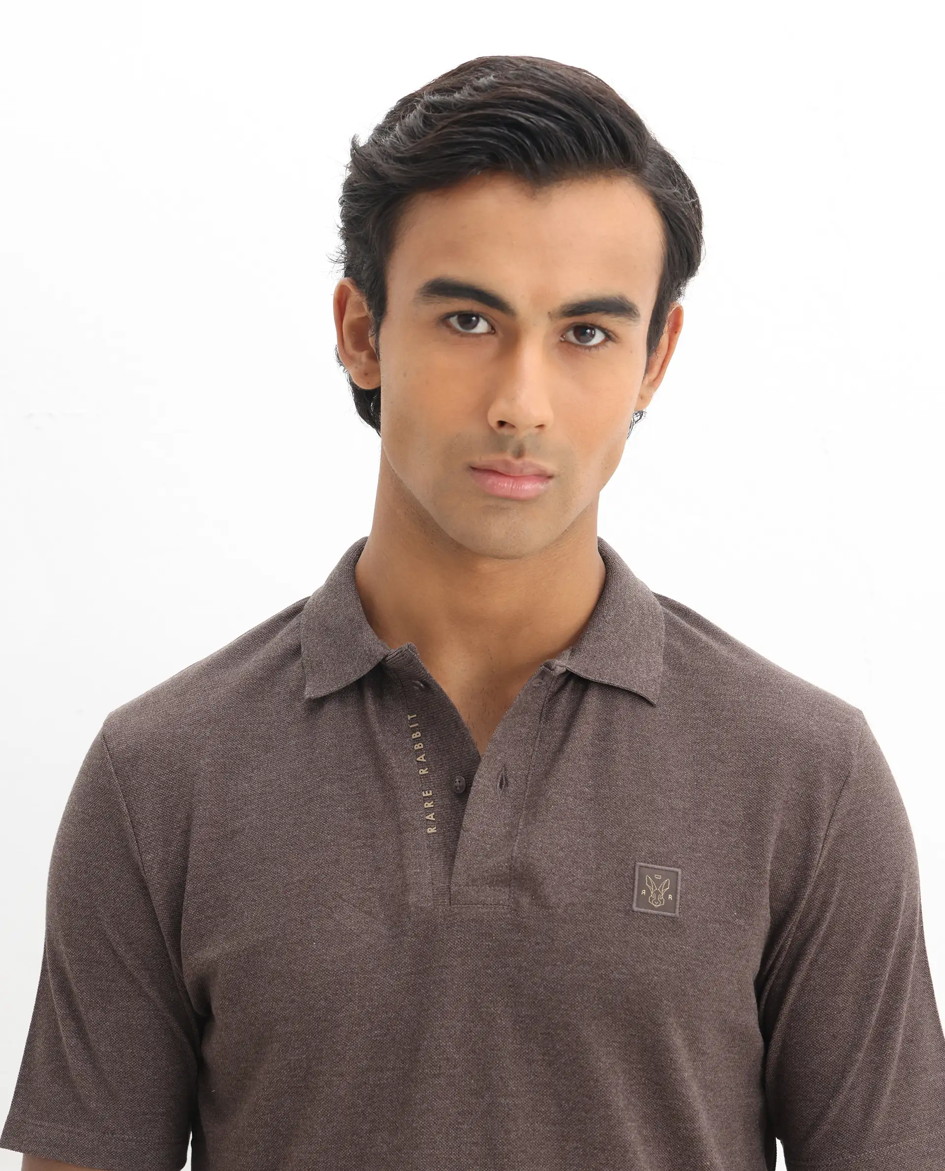 Rare Rabbit Men's Gamor Dark Brown Cotton Blend Plain Regular Fit Half Sleeve Polo - Image 7