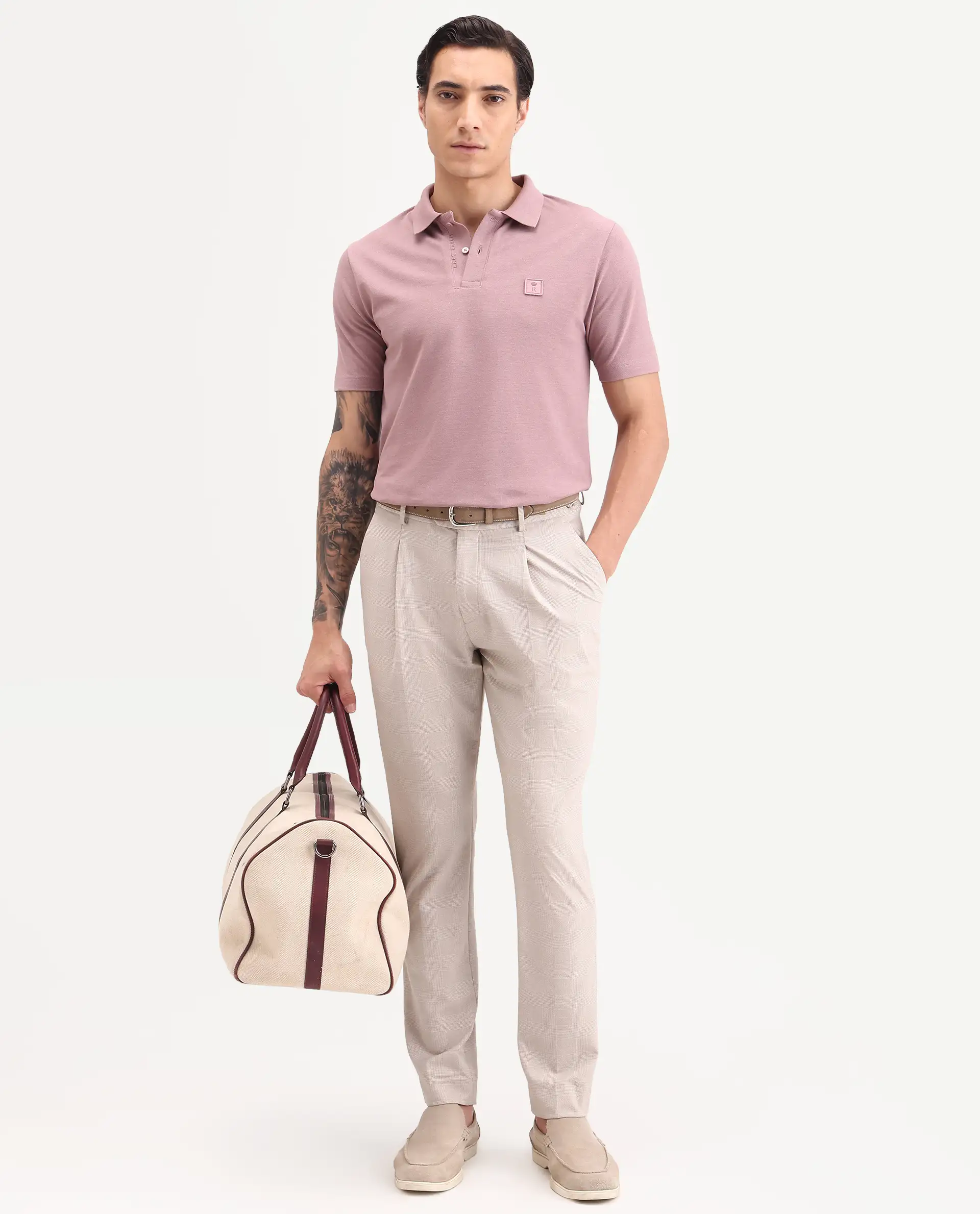 Rare Rabbit Men's Gamor Dusky Pink Cotton Blend Fabric Half Sleeve Spread Collar Regular Fit Plain Polo - Image 2
