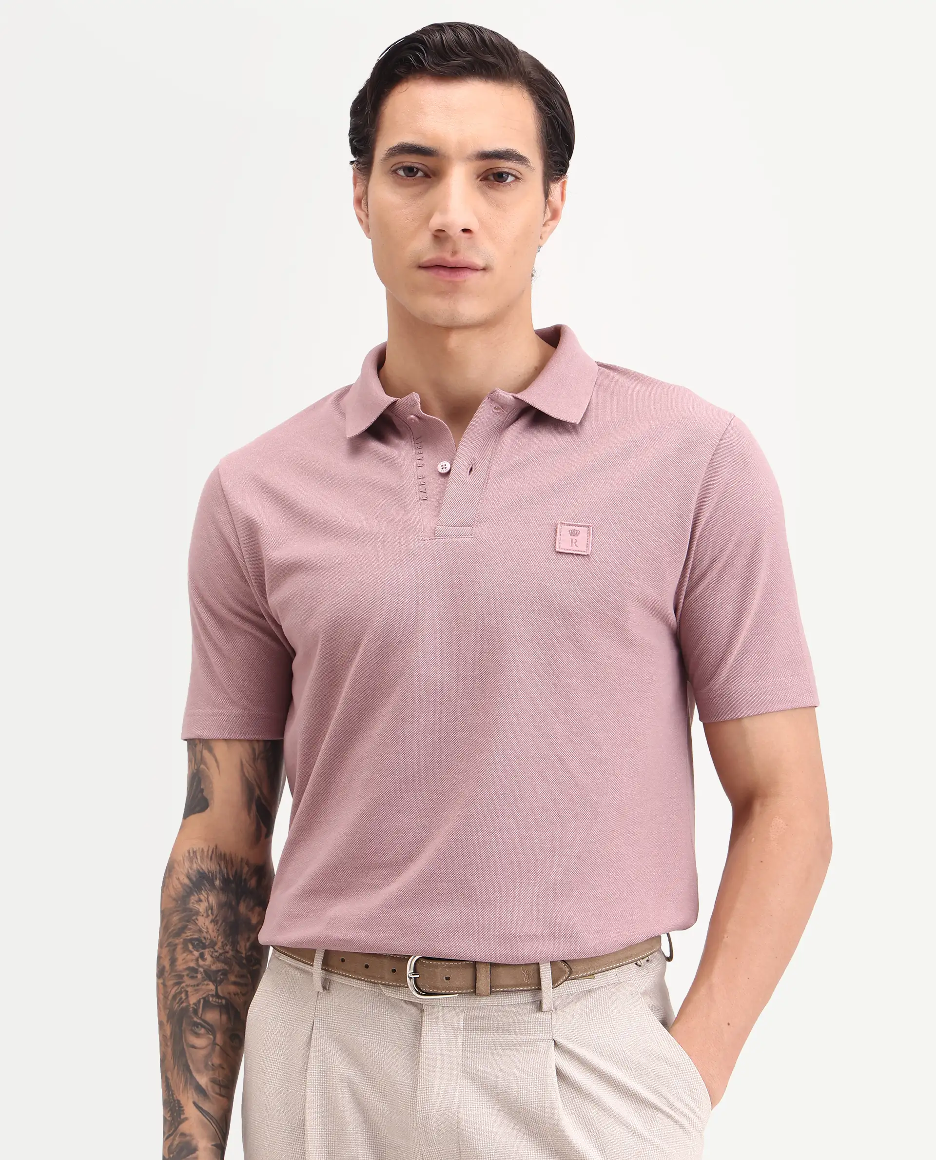 Rare Rabbit Men's Gamor Dusky Pink Cotton Blend Fabric Half Sleeve Spread Collar Regular Fit Plain Polo - Image 4