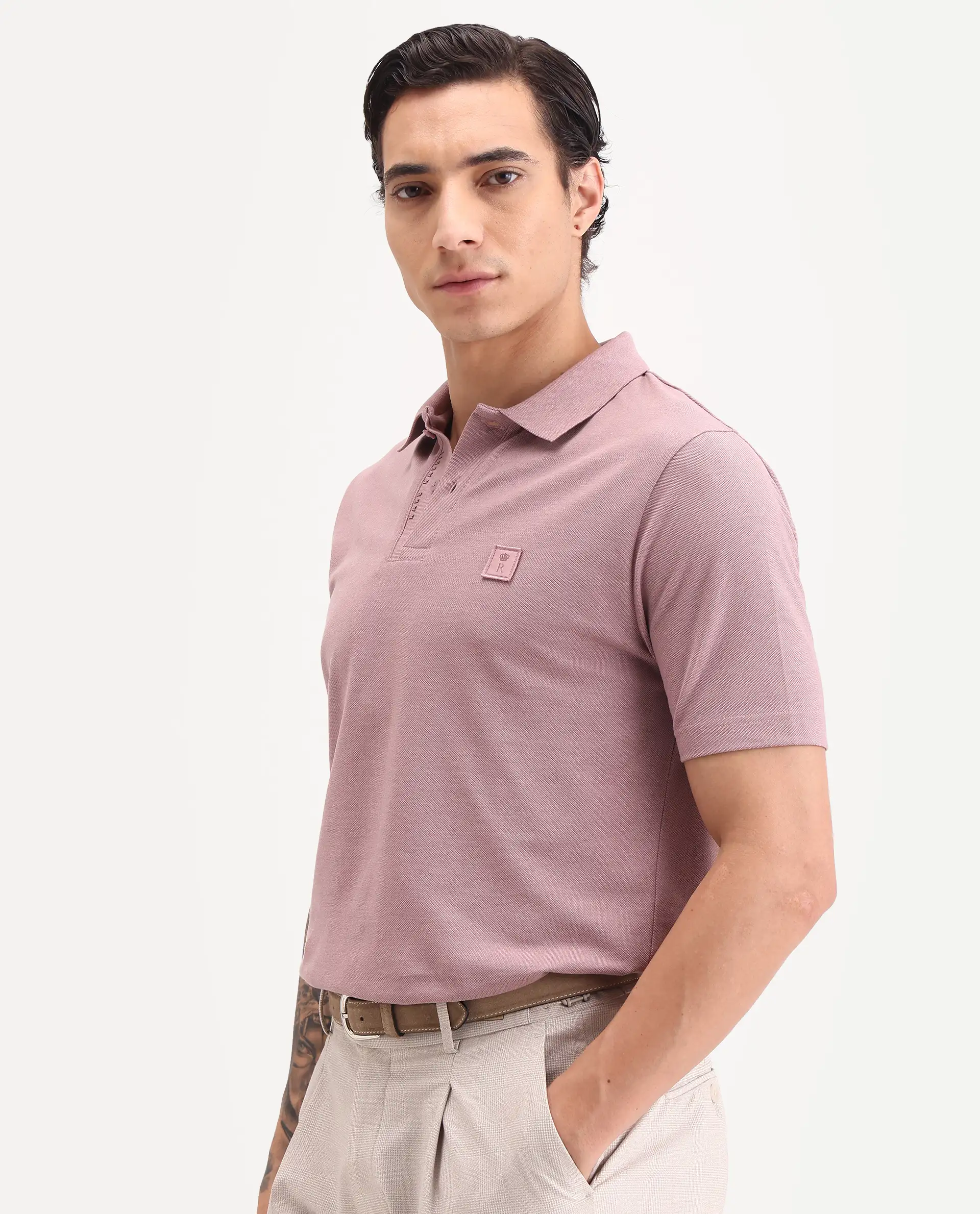 Rare Rabbit Men's Gamor Dusky Pink Cotton Blend Fabric Half Sleeve Spread Collar Regular Fit Plain Polo - Image 5