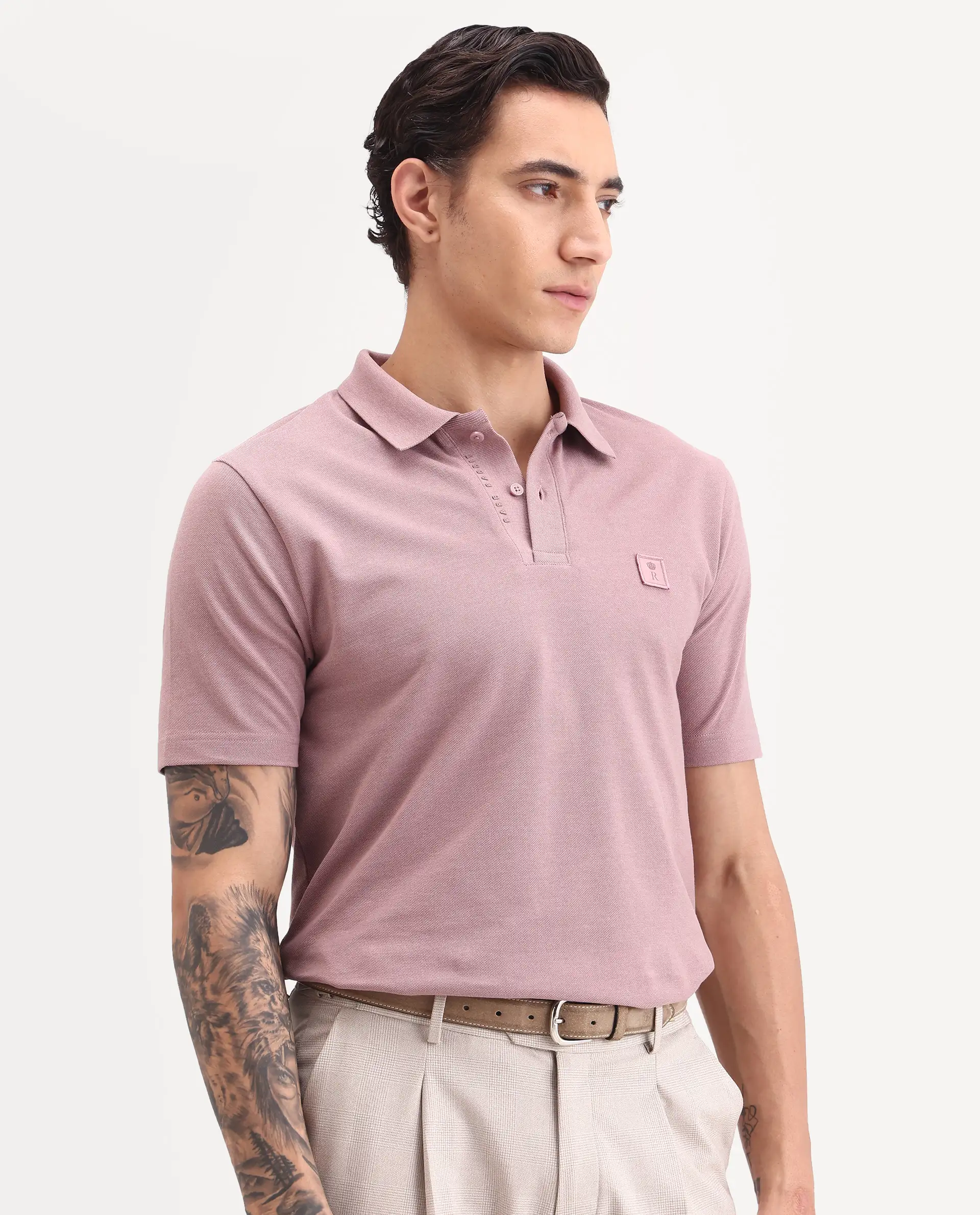 Rare Rabbit Men's Gamor Dusky Pink Cotton Blend Fabric Half Sleeve Spread Collar Regular Fit Plain Polo - Image 6