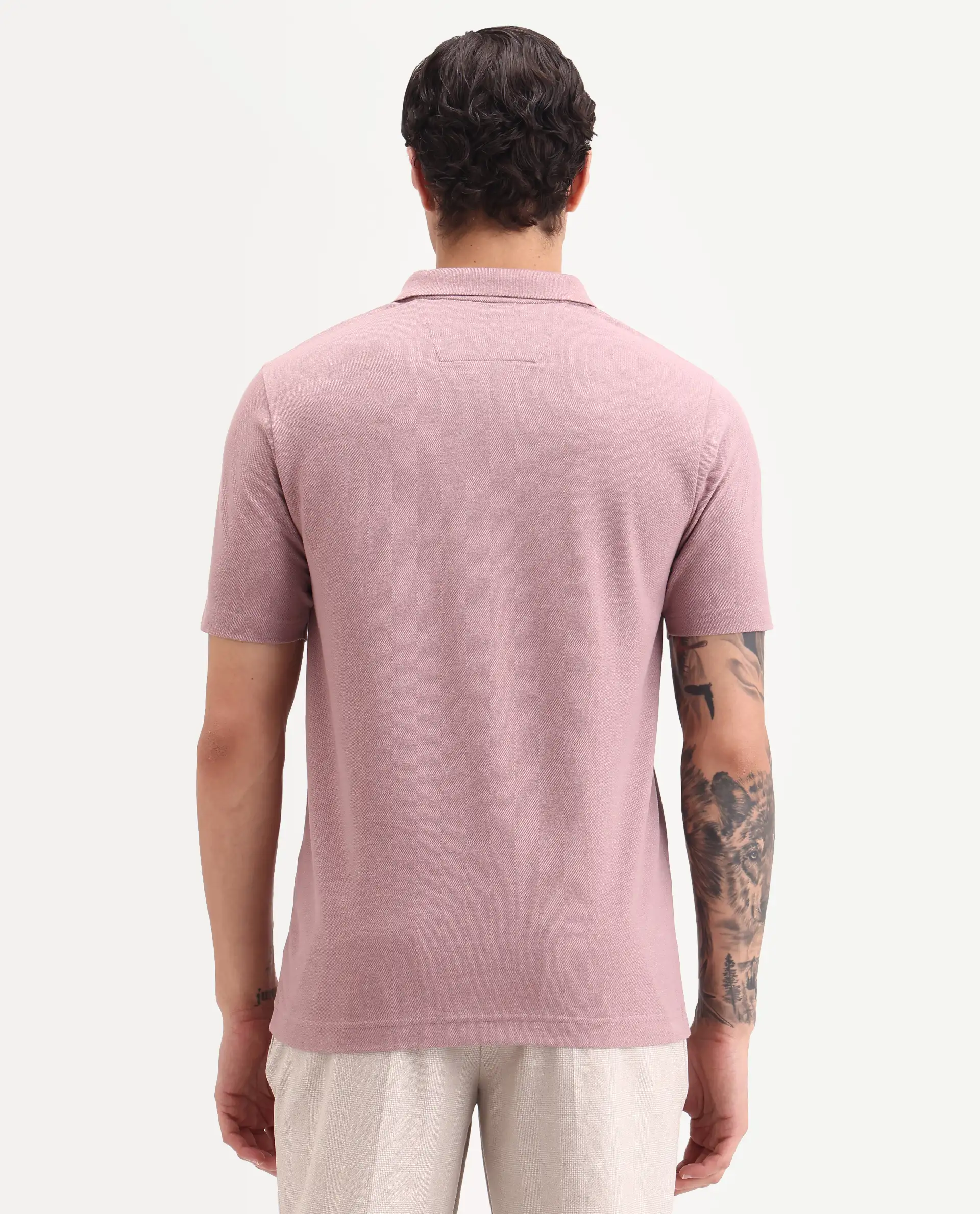 Rare Rabbit Men's Gamor Dusky Pink Cotton Blend Fabric Half Sleeve Spread Collar Regular Fit Plain Polo - Image 7