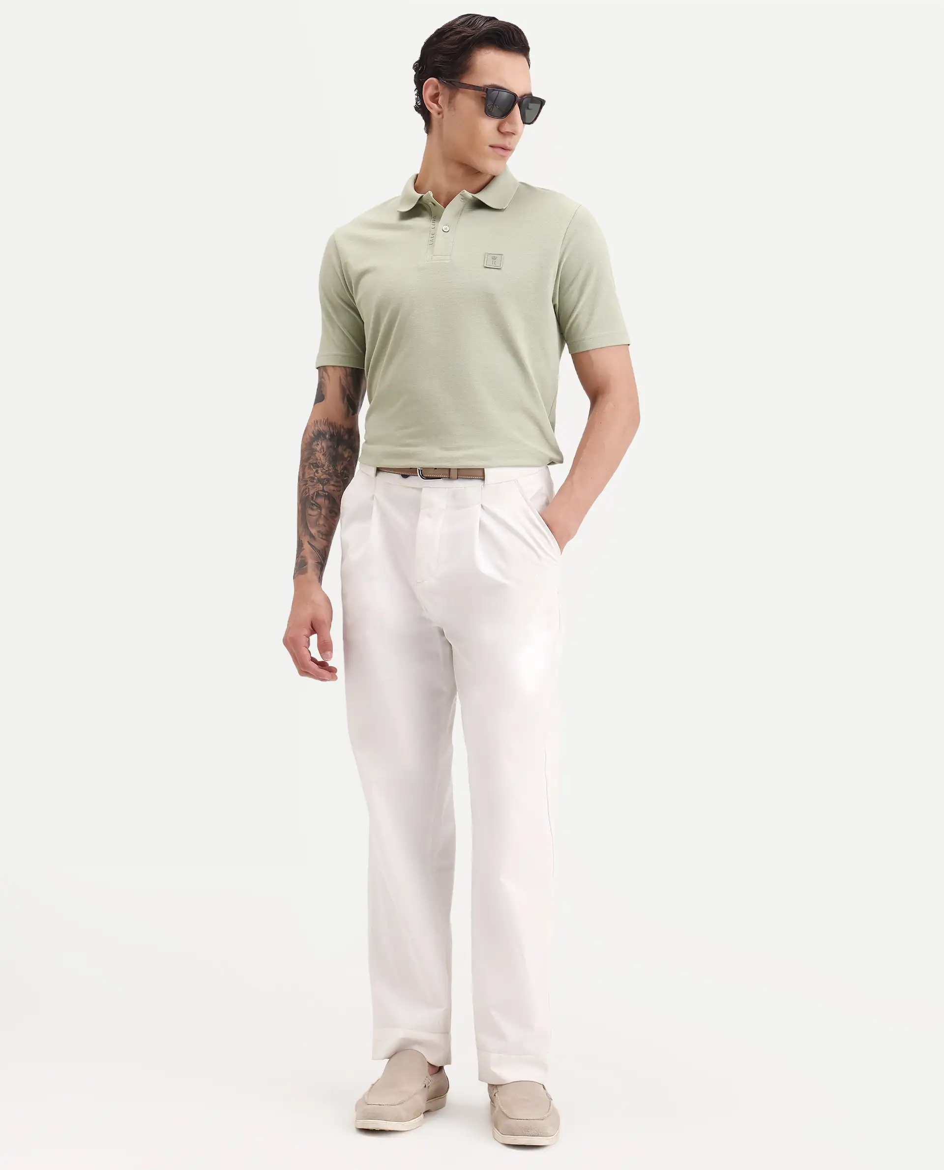 Rare Rabbit Men's Gamor Pastel Green Cotton Blend Fabric Half Sleeve Spread Collar Regular Fit Plain Polo - Image 2