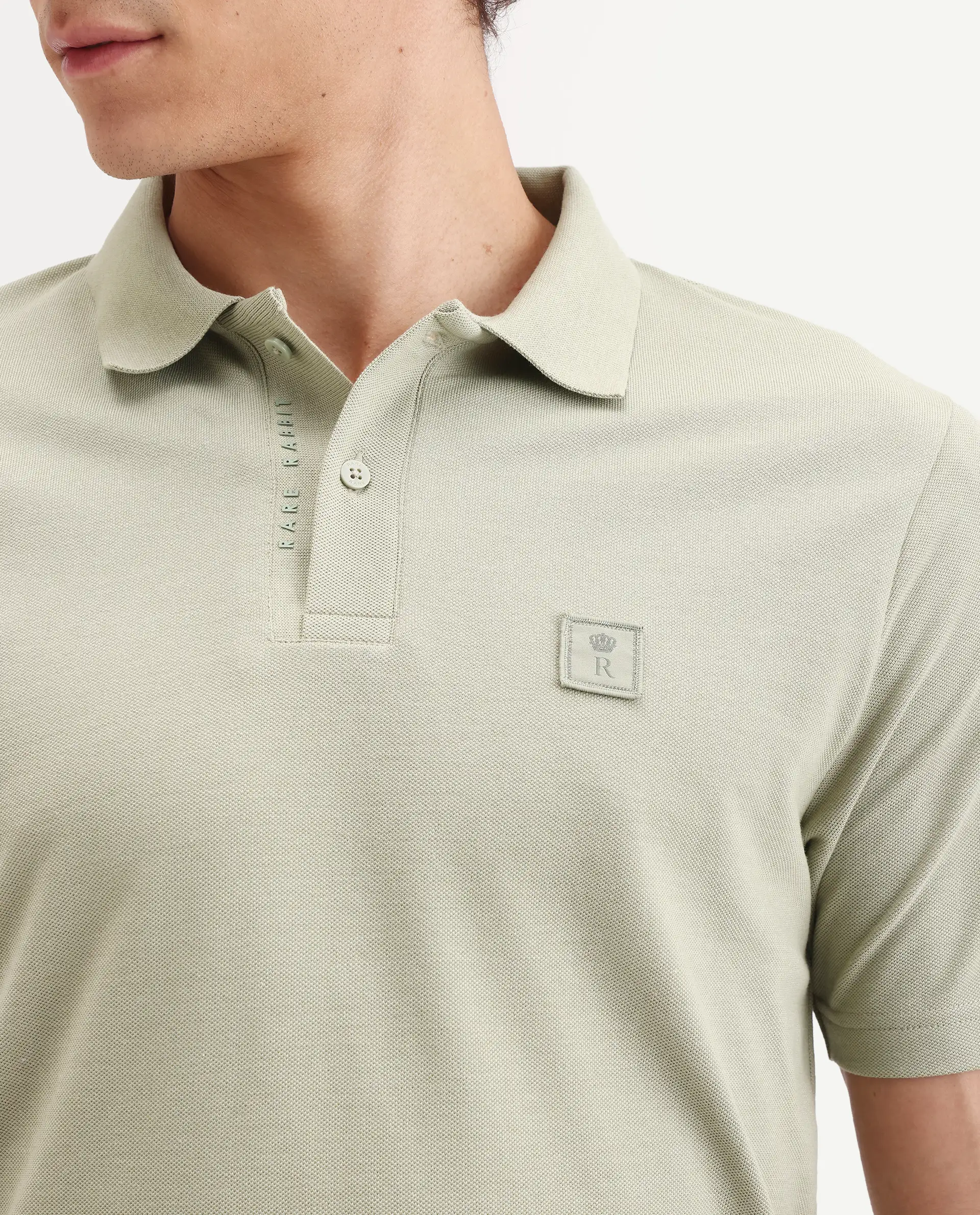 Rare Rabbit Men's Gamor Pastel Green Cotton Blend Fabric Half Sleeve Spread Collar Regular Fit Plain Polo - Image 3