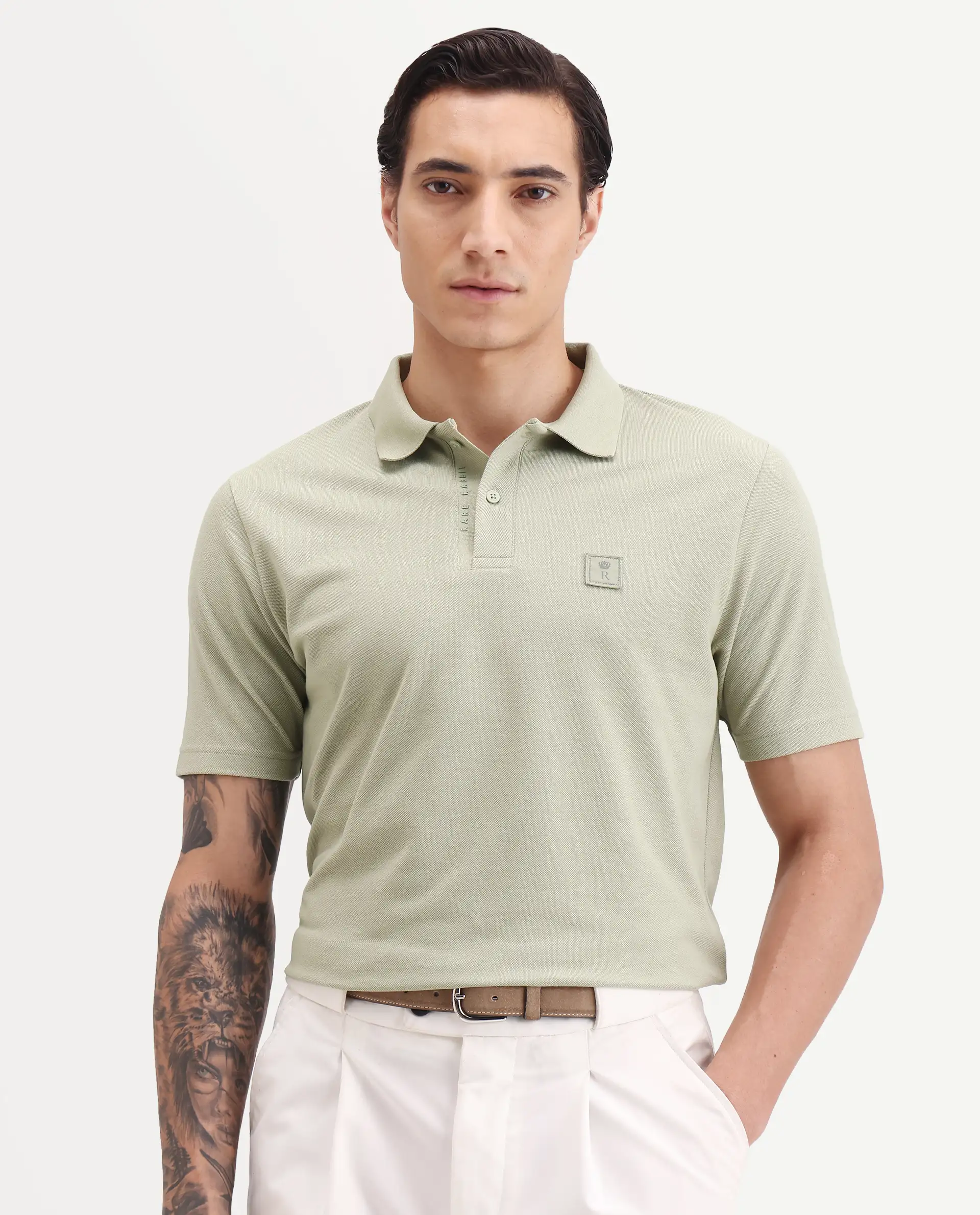 Rare Rabbit Men's Gamor Pastel Green Cotton Blend Fabric Half Sleeve Spread Collar Regular Fit Plain Polo - Image 4