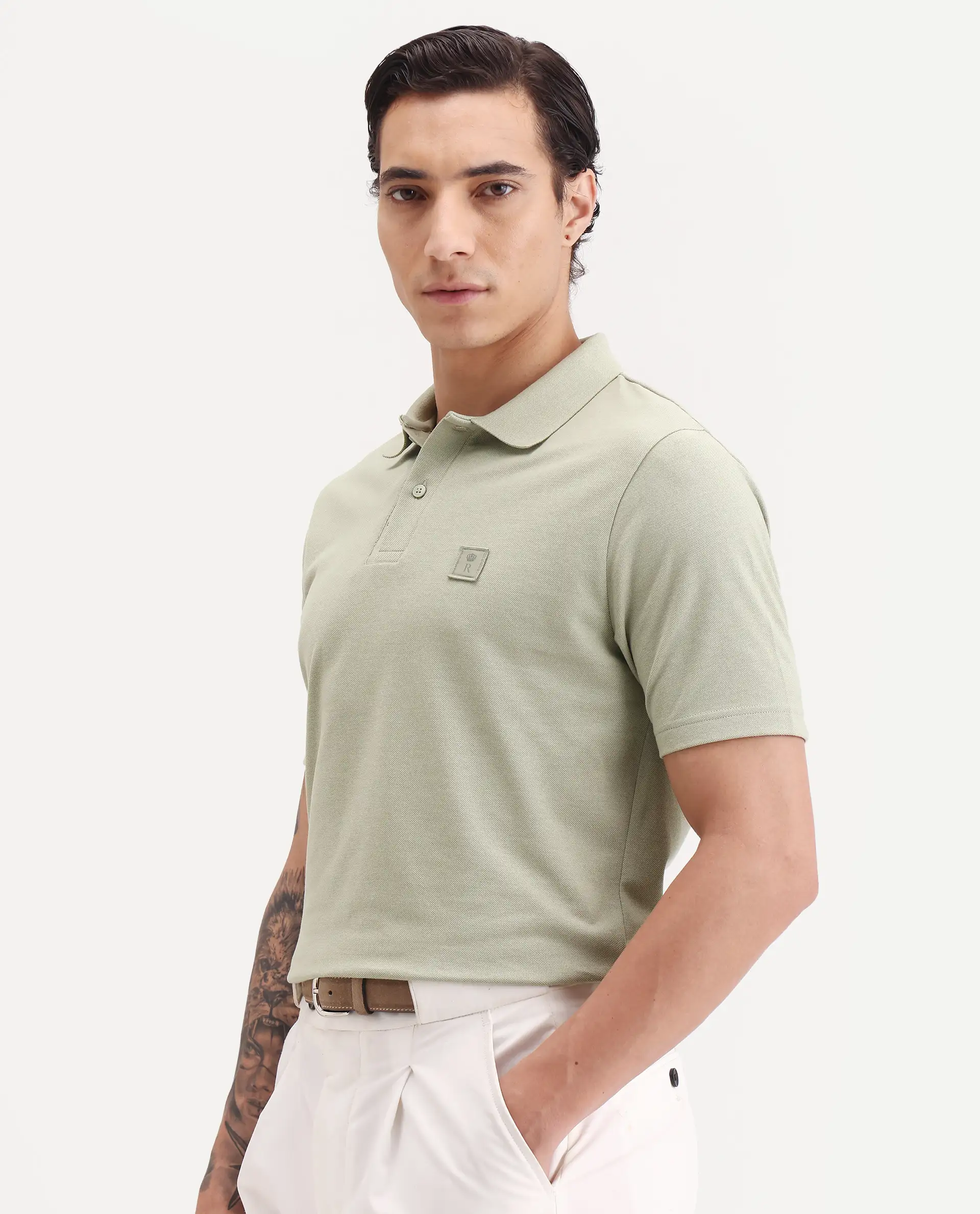 Rare Rabbit Men's Gamor Pastel Green Cotton Blend Fabric Half Sleeve Spread Collar Regular Fit Plain Polo - Image 5