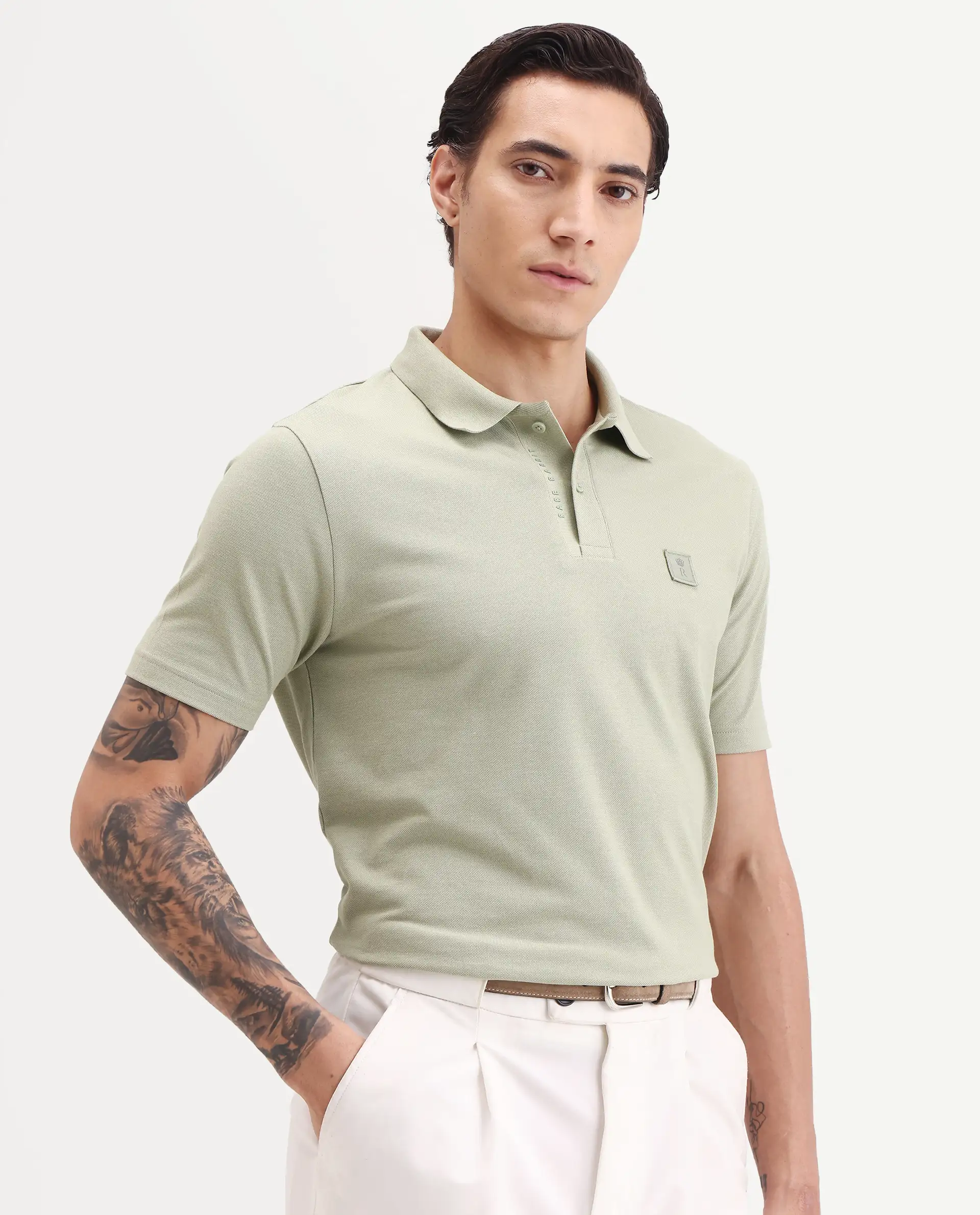 Rare Rabbit Men's Gamor Pastel Green Cotton Blend Fabric Half Sleeve Spread Collar Regular Fit Plain Polo - Image 6
