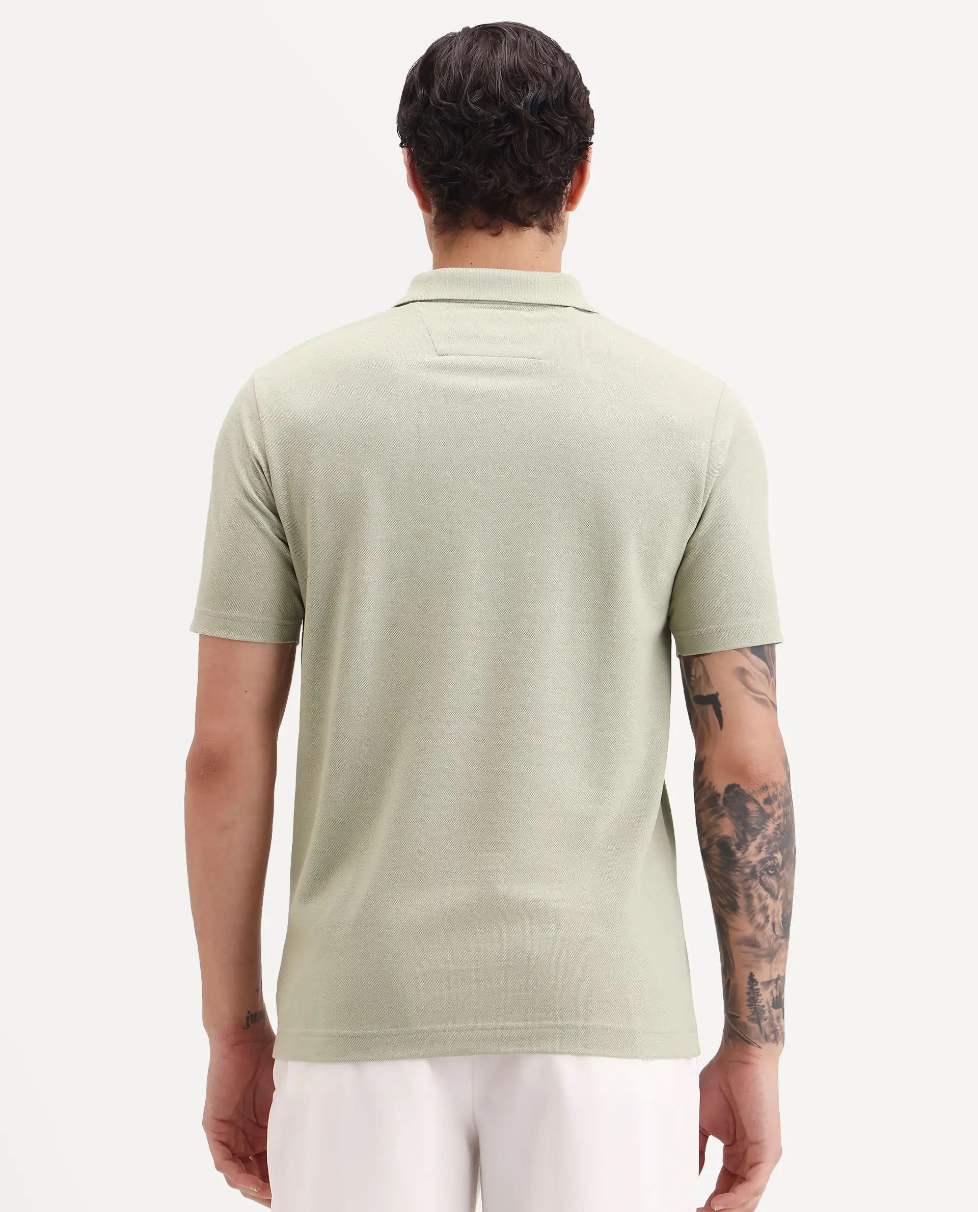Rare Rabbit Men's Gamor Pastel Green Cotton Blend Fabric Half Sleeve Spread Collar Regular Fit Plain Polo - Image 7