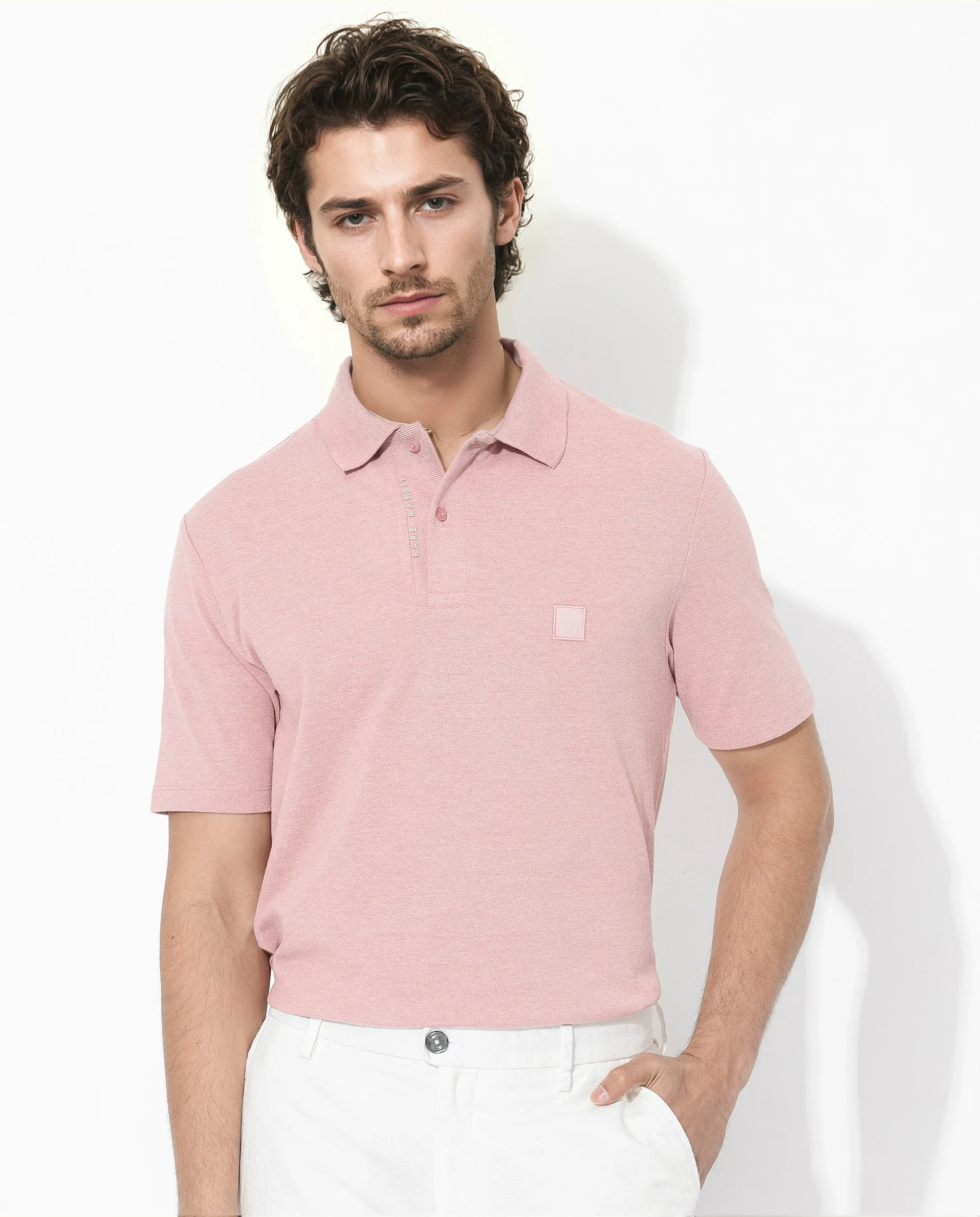 Rare Rabbit Men's Gamor Dusky Pink Cotton Blend Plain Regular Fit Half Sleeve Polo