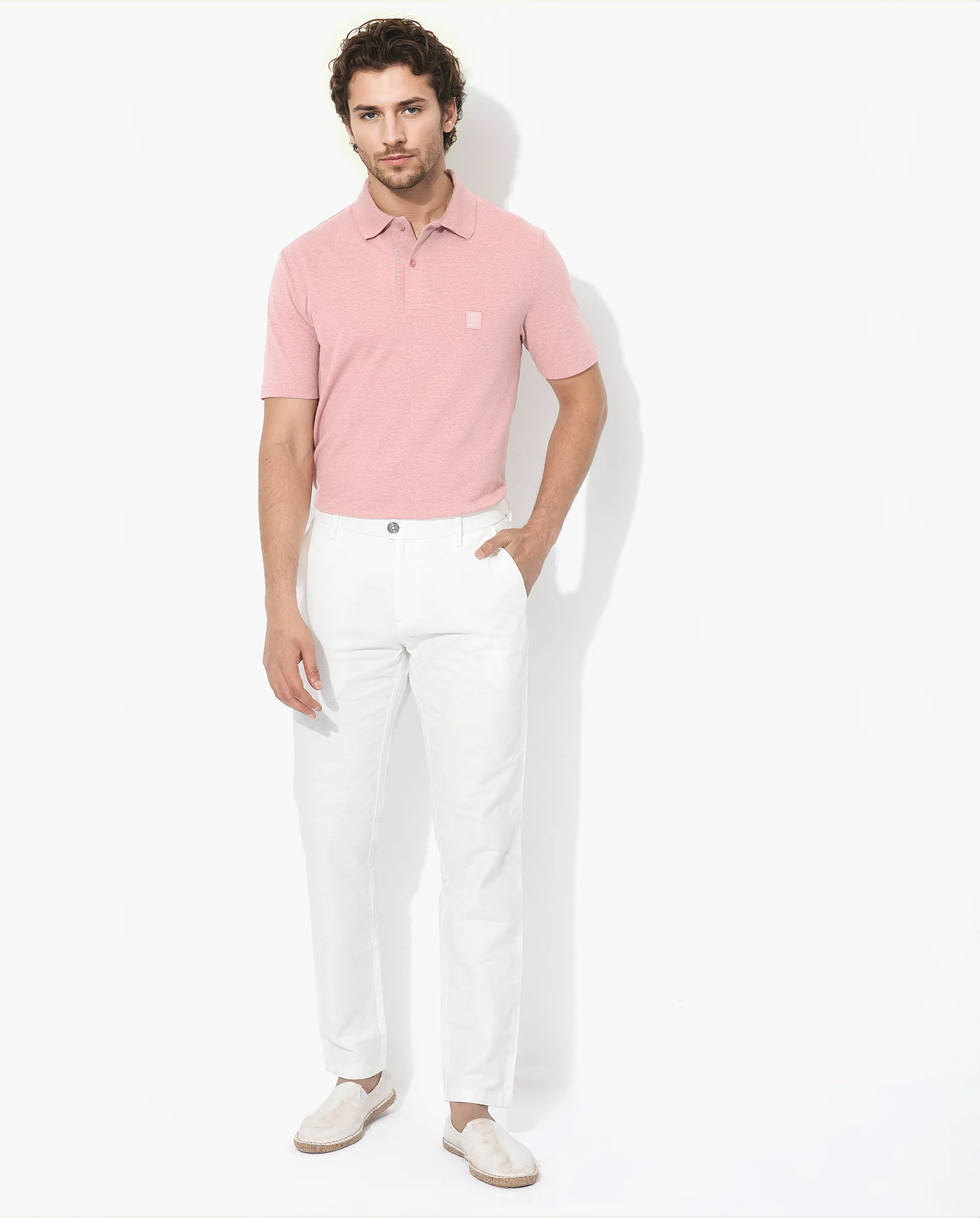 Rare Rabbit Men's Gamor Dusky Pink Cotton Blend Plain Regular Fit Half Sleeve Polo - Image 2