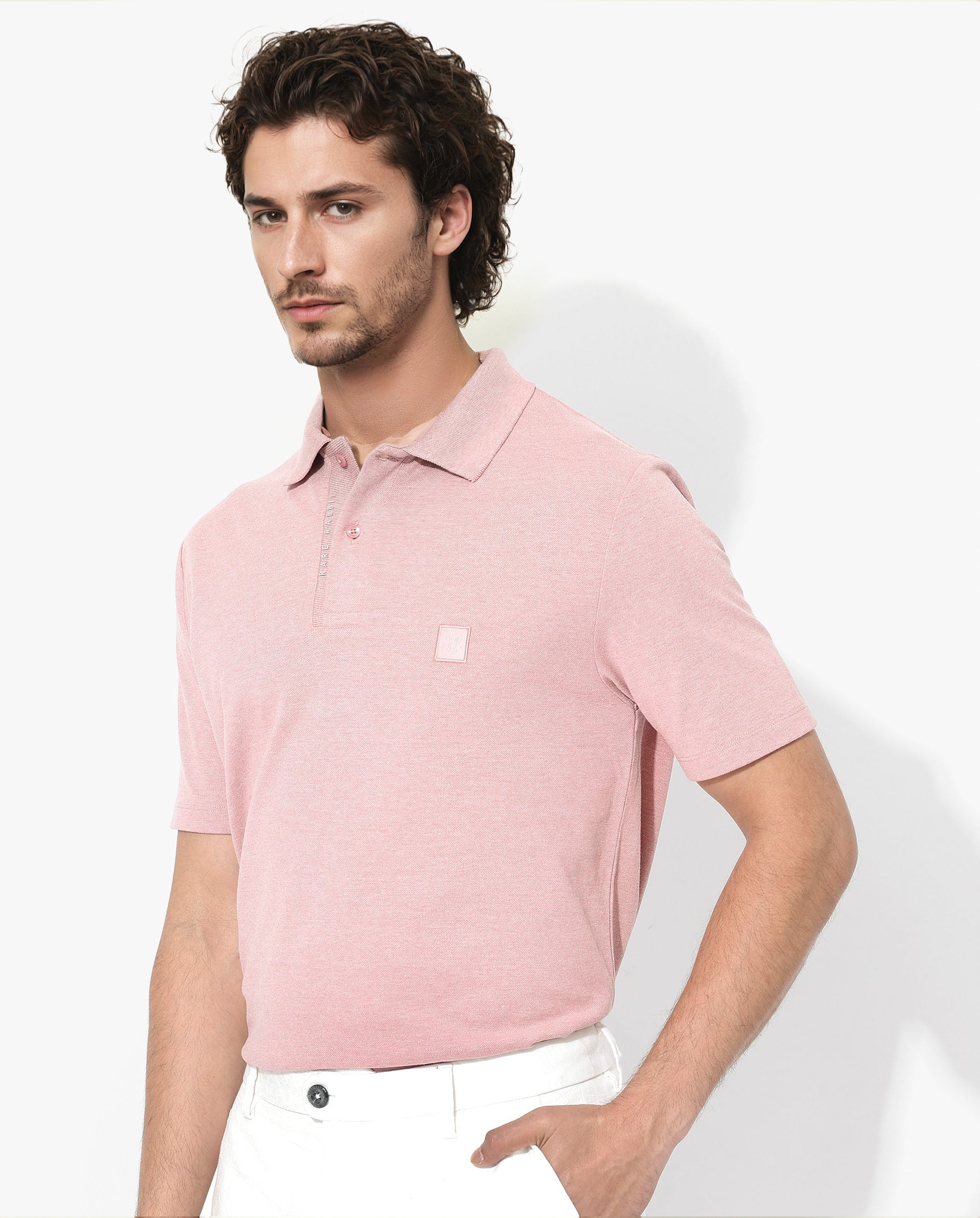 Rare Rabbit Men's Gamor Dusky Pink Cotton Blend Plain Regular Fit Half Sleeve Polo - Image 3
