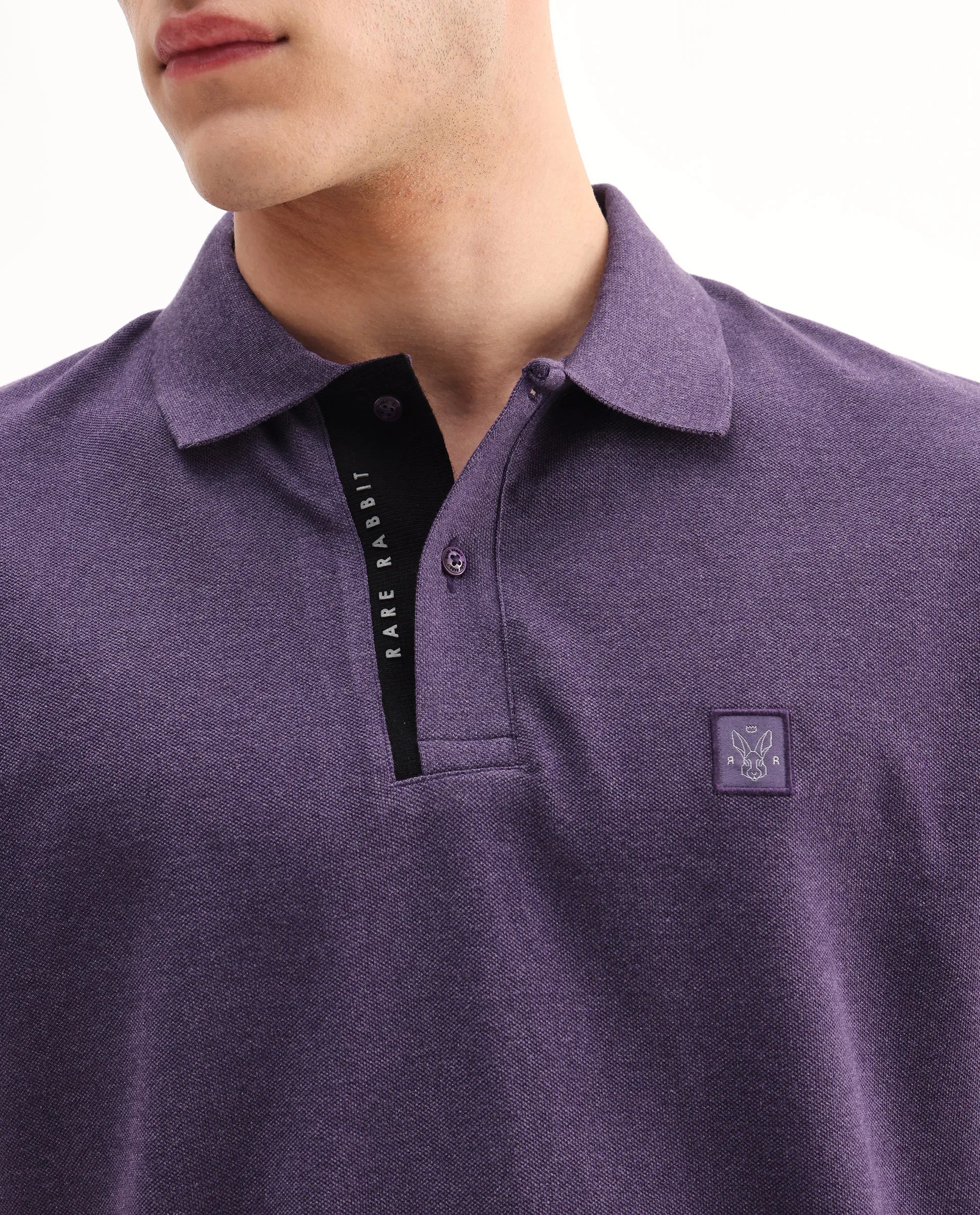 Rare Rabbit Men's Gamor Purple Cotton Blend Plain Regular Fit Half Sleeve Polo - Image 3