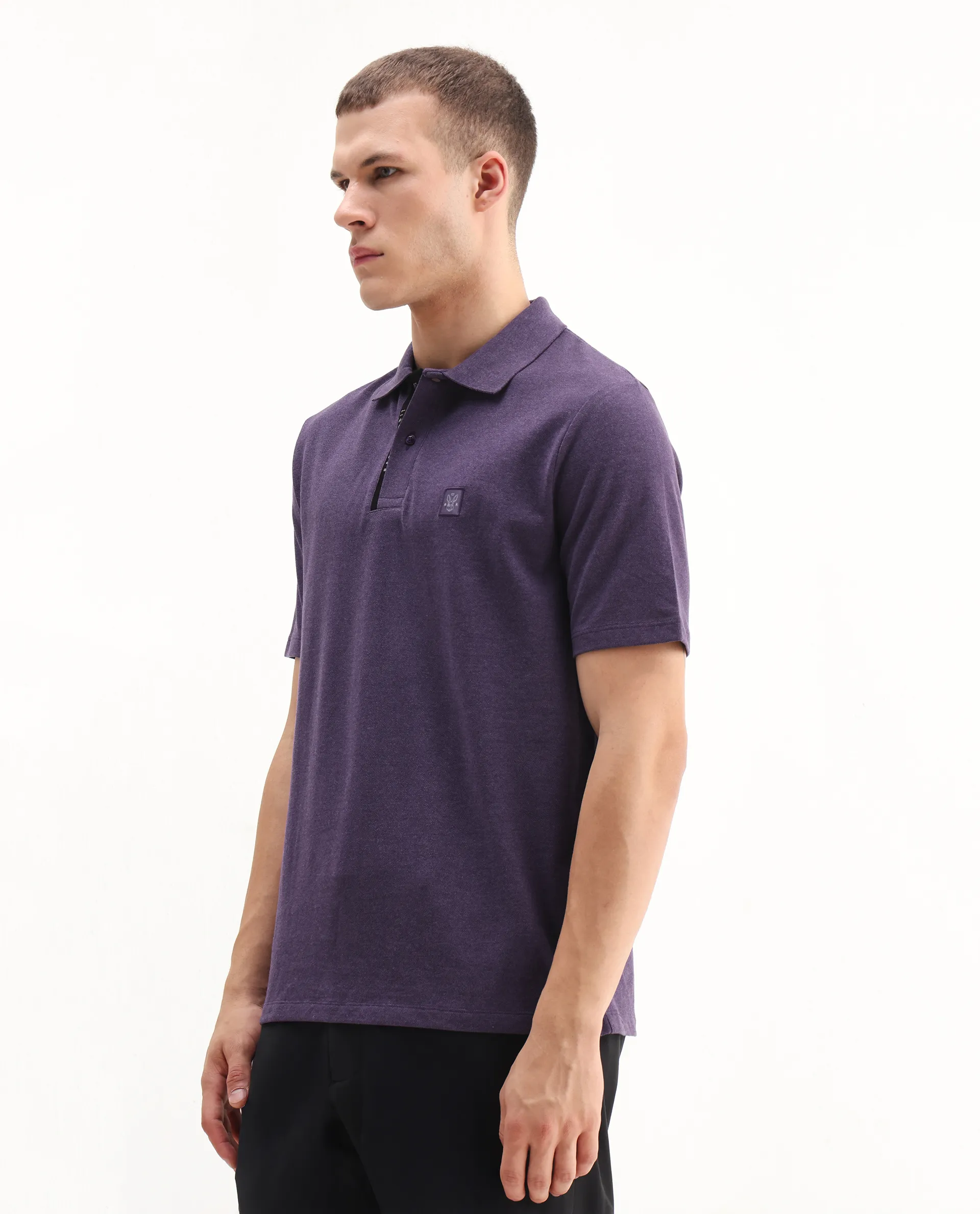 Rare Rabbit Men's Gamor Purple Cotton Blend Plain Regular Fit Half Sleeve Polo - Image 4