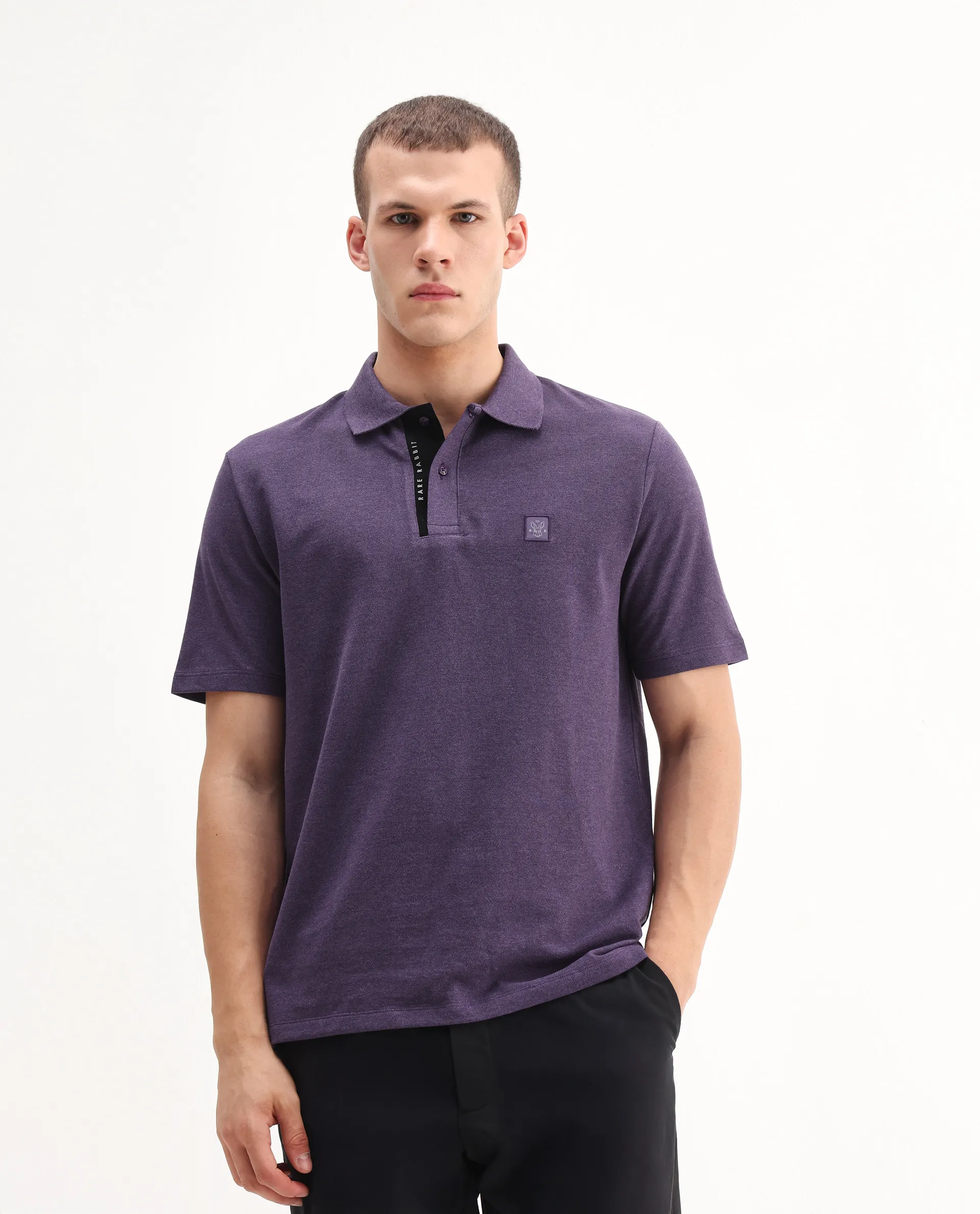 Rare Rabbit Men's Gamor Purple Cotton Blend Plain Regular Fit Half Sleeve Polo - Image 5