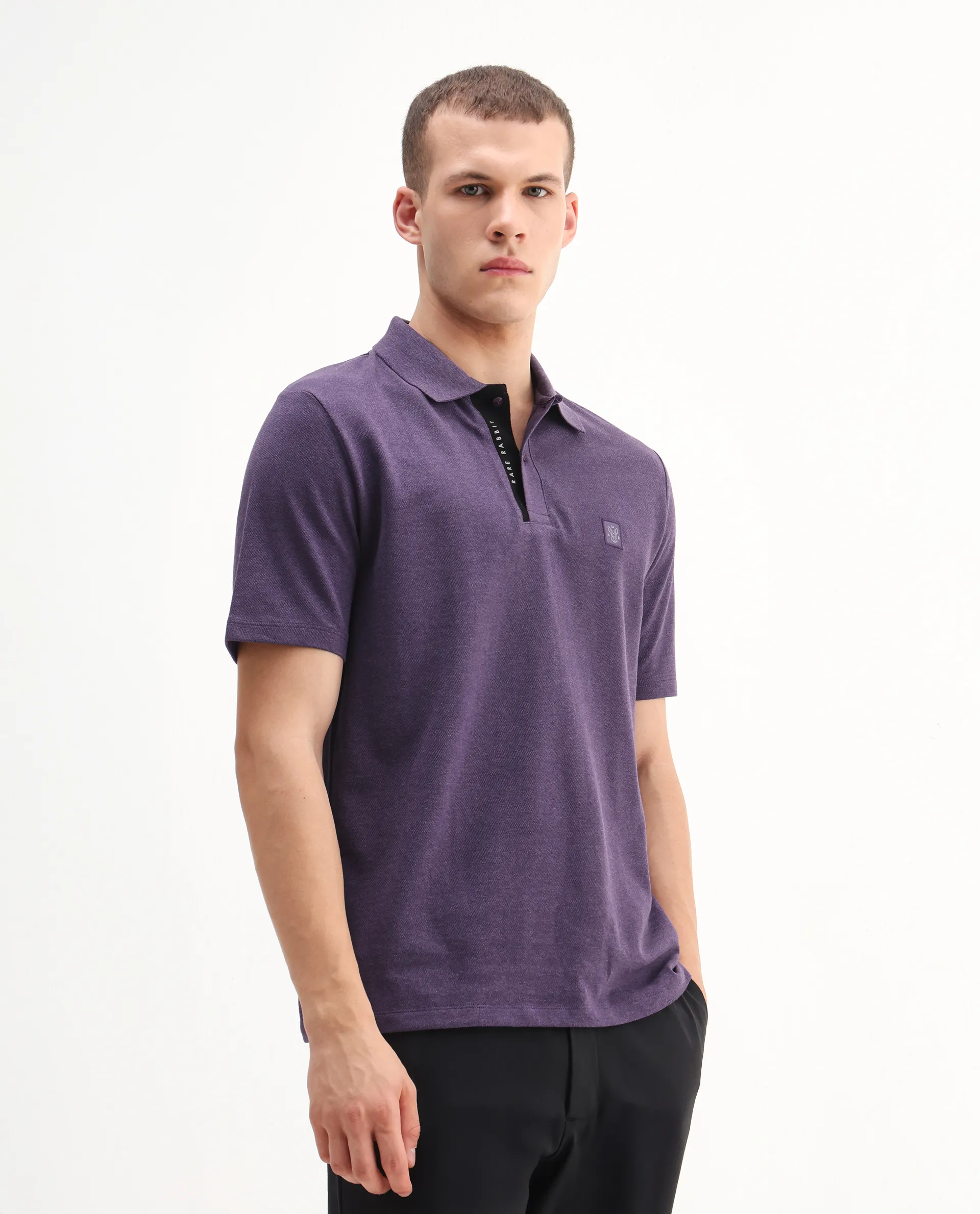 Rare Rabbit Men's Gamor Purple Cotton Blend Plain Regular Fit Half Sleeve Polo - Image 6