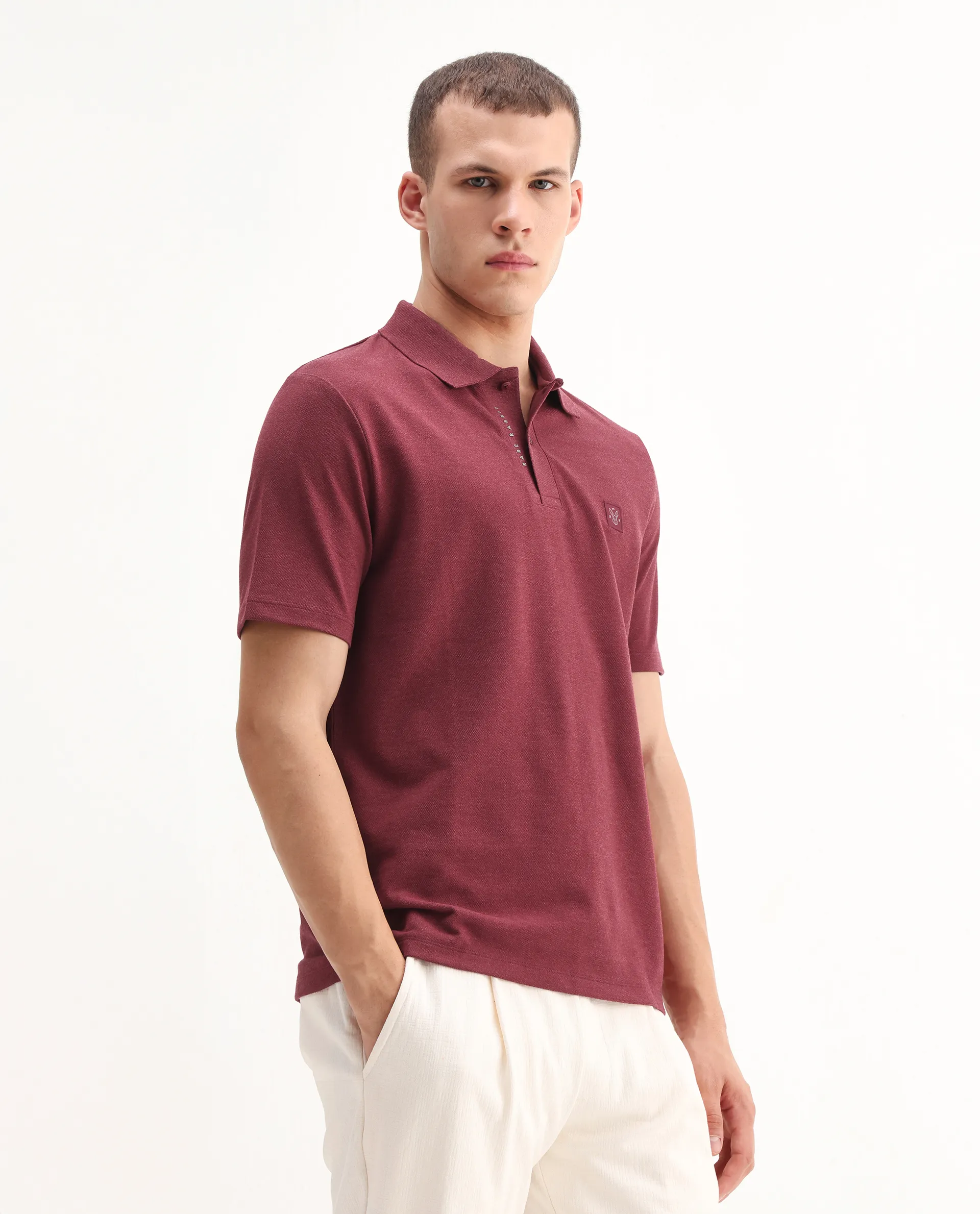 Rare Rabbit Men's Gamor Red Cotton Blend Plain Regular Fit Half Sleeve Polo - Image 5