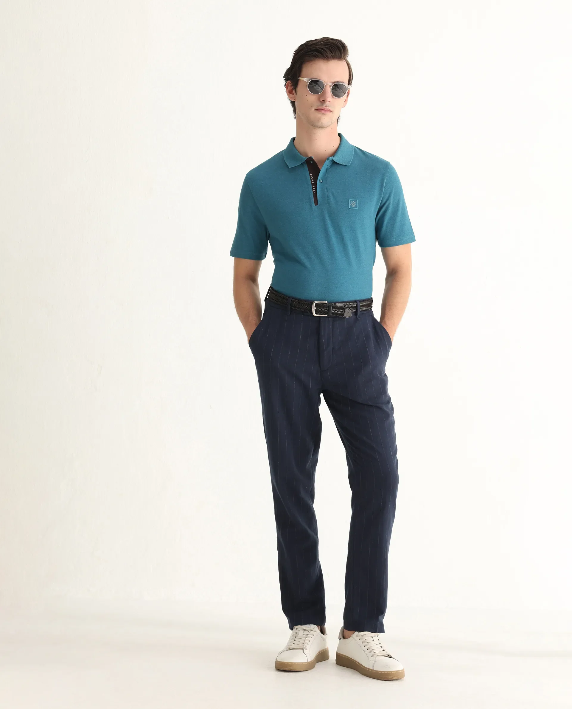 Rare Rabbit Men's Gamor Teal Cotton Blend Plain Regular Fit Half Sleeve Polo - Image 2