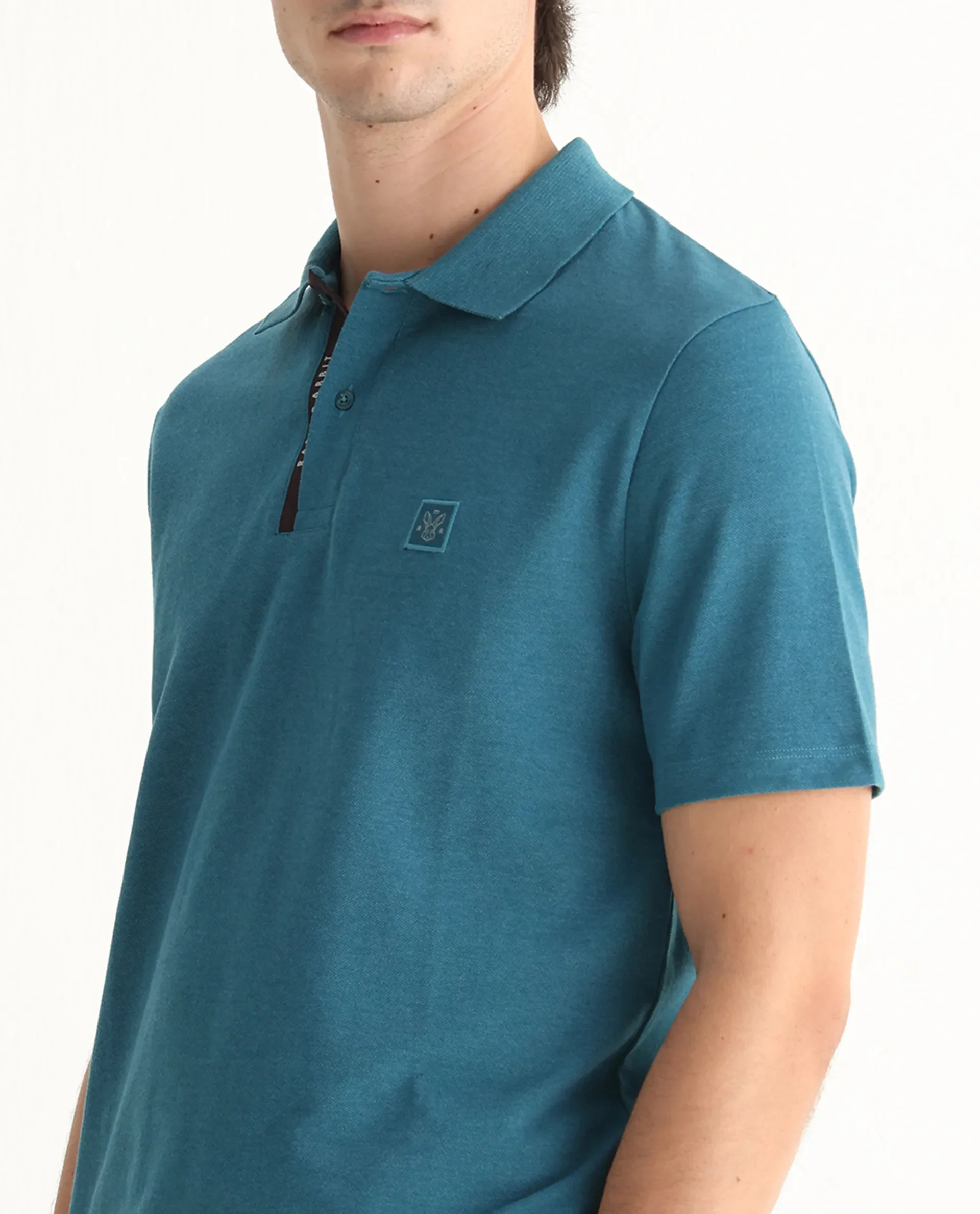Rare Rabbit Men's Gamor Teal Cotton Blend Plain Regular Fit Half Sleeve Polo - Image 3
