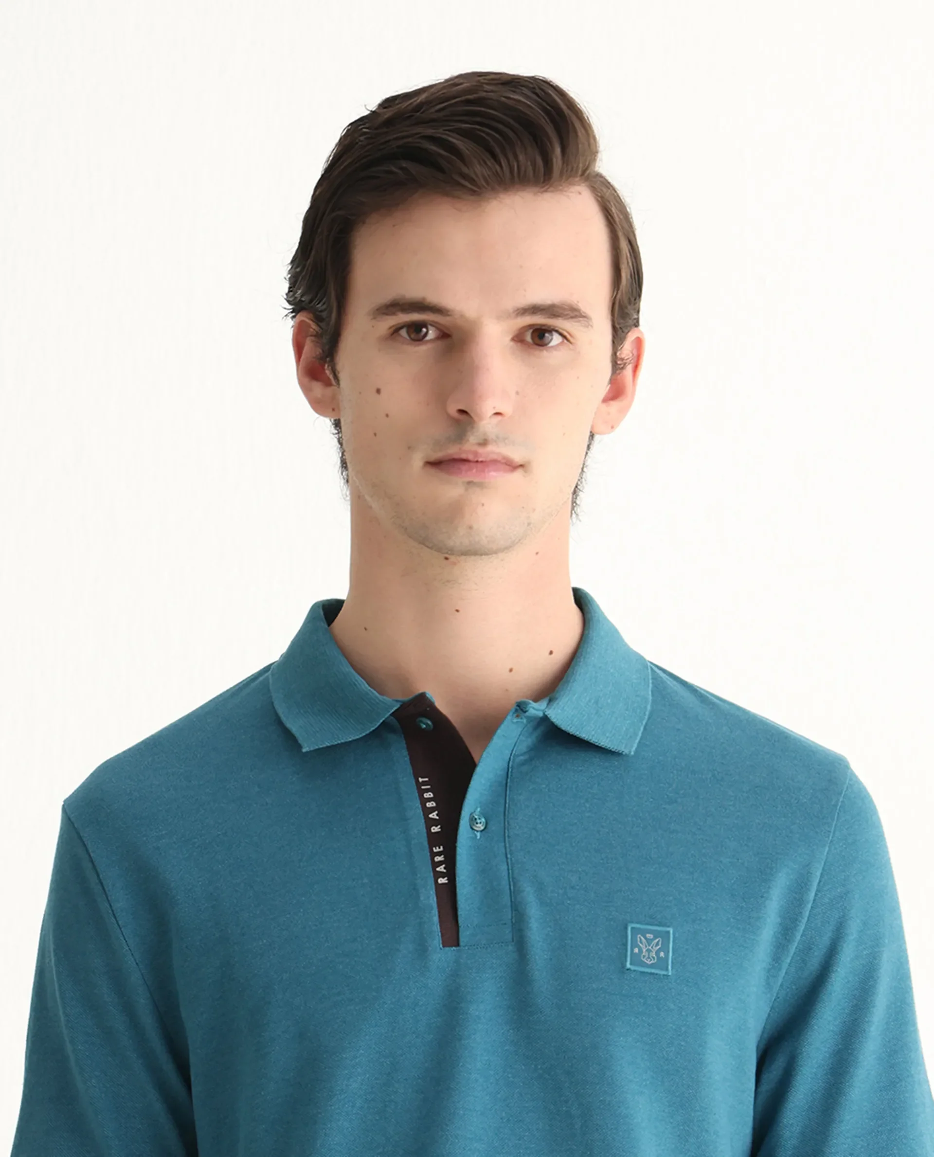 Rare Rabbit Men's Gamor Teal Cotton Blend Plain Regular Fit Half Sleeve Polo - Image 4