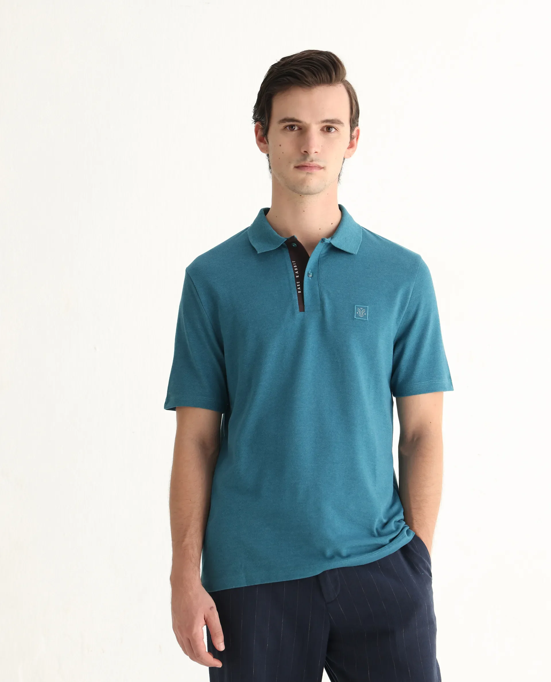 Rare Rabbit Men's Gamor Teal Cotton Blend Plain Regular Fit Half Sleeve Polo - Image 5