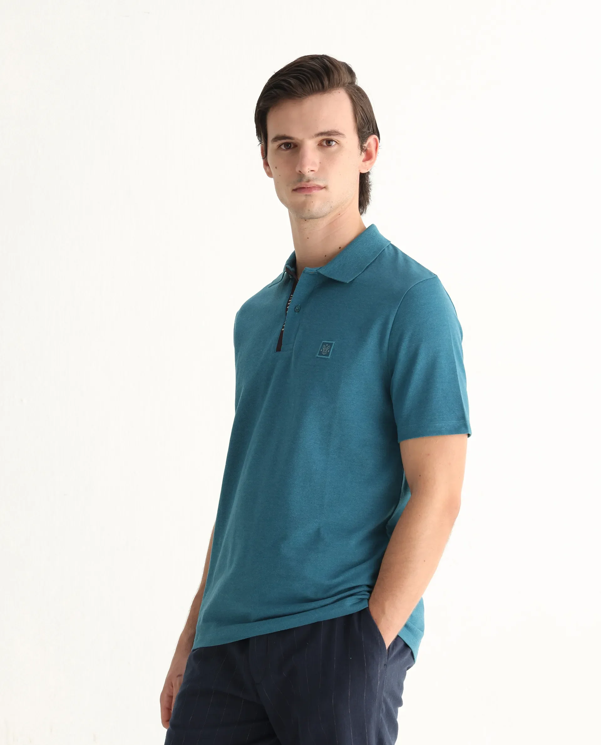 Rare Rabbit Men's Gamor Teal Cotton Blend Plain Regular Fit Half Sleeve Polo - Image 6
