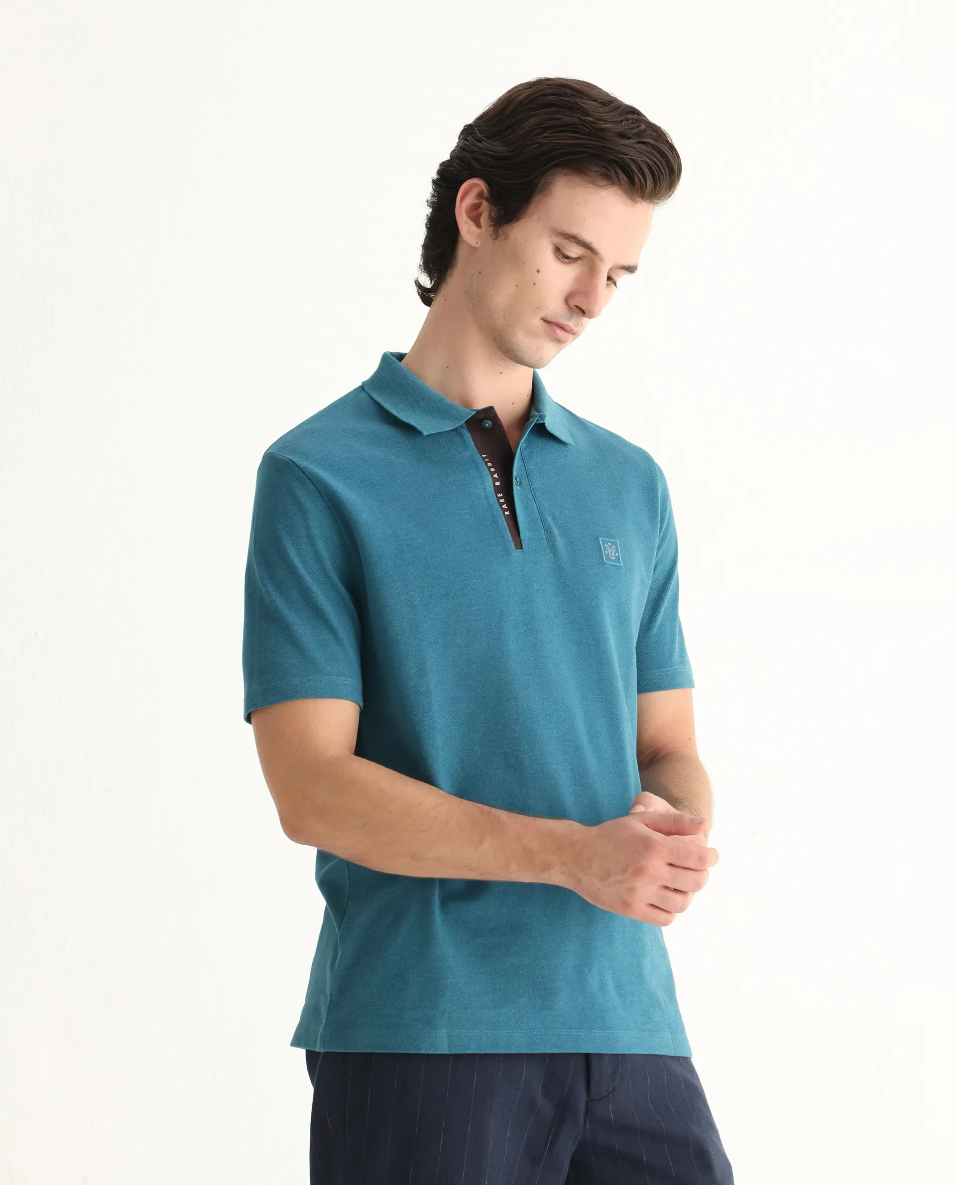 Rare Rabbit Men's Gamor Teal Cotton Blend Plain Regular Fit Half Sleeve Polo - Image 7