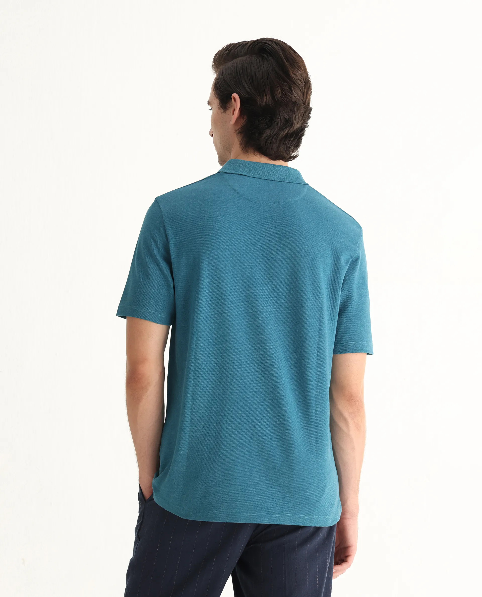 Rare Rabbit Men's Gamor Teal Cotton Blend Plain Regular Fit Half Sleeve Polo - Image 8