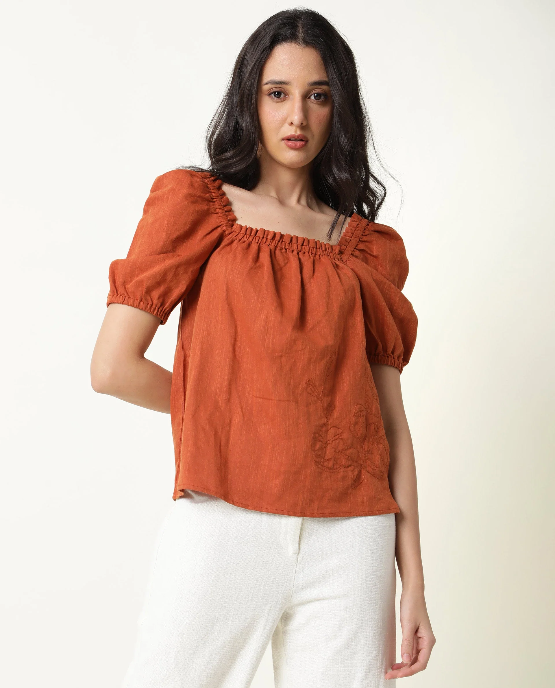 Rareism Womens Gamora Rust Top Cotton Linen Fabric Loose Fit Puff Sleeves Square Neck