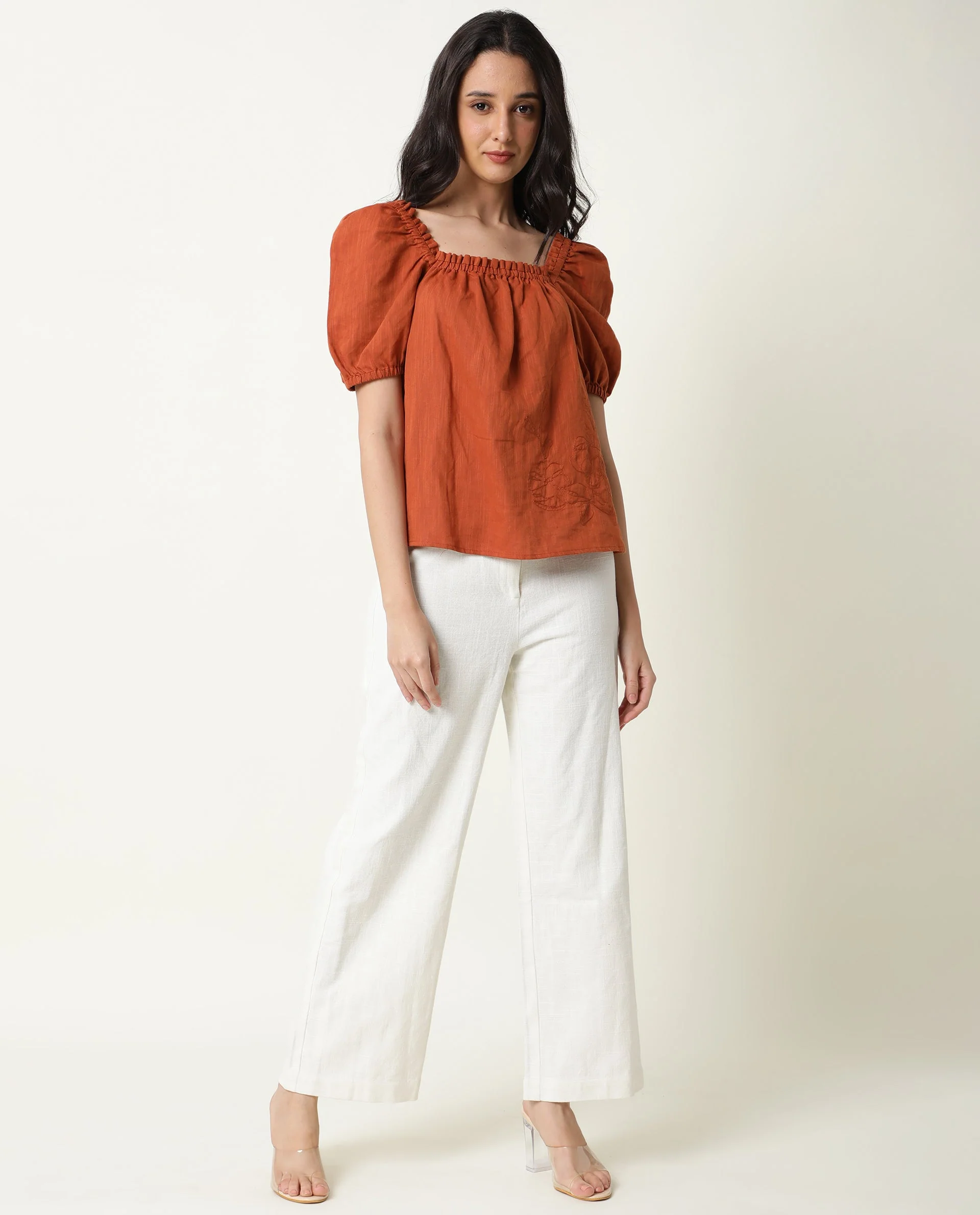 Rareism Womens Gamora Rust Top Cotton Linen Fabric Loose Fit Puff Sleeves Square Neck - Image 2