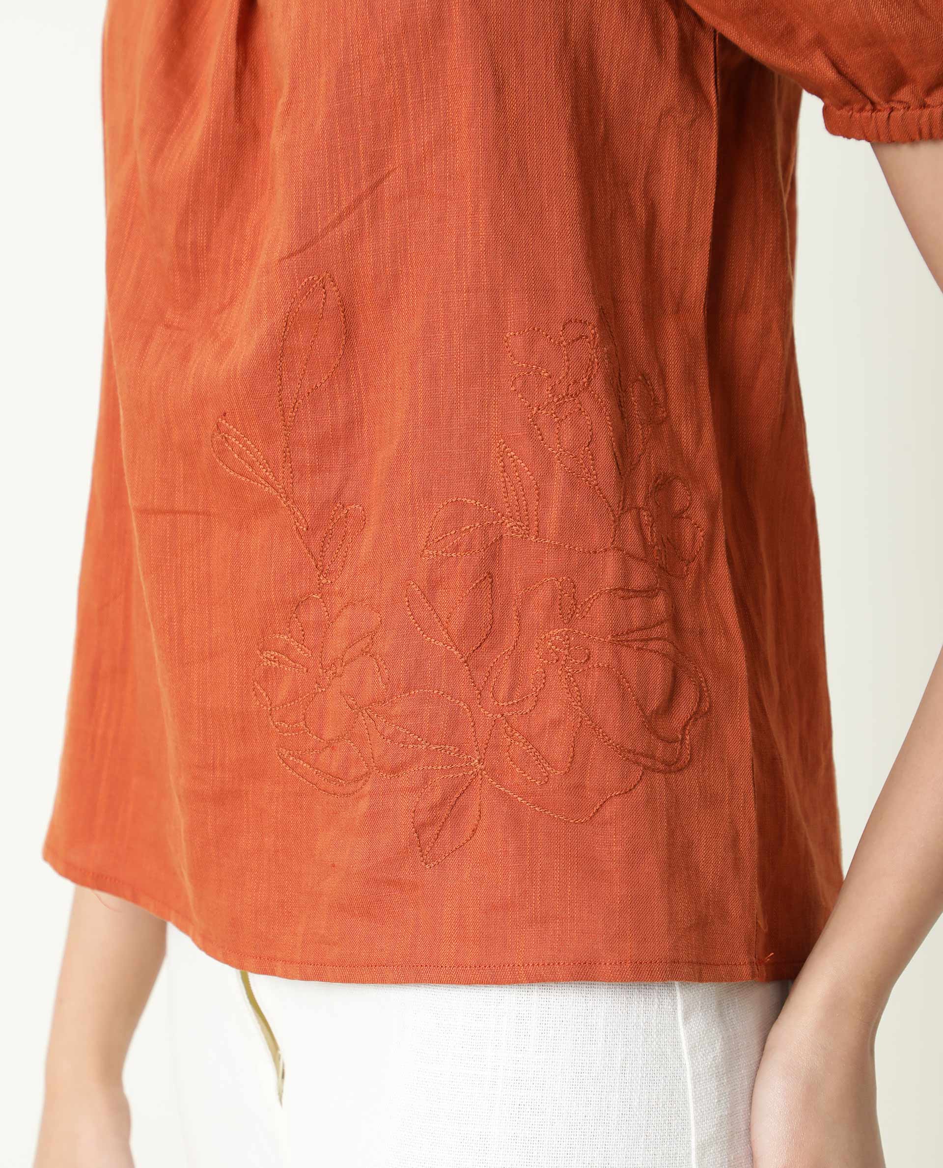 Rareism Womens Gamora Rust Top Cotton Linen Fabric Loose Fit Puff Sleeves Square Neck - Image 3