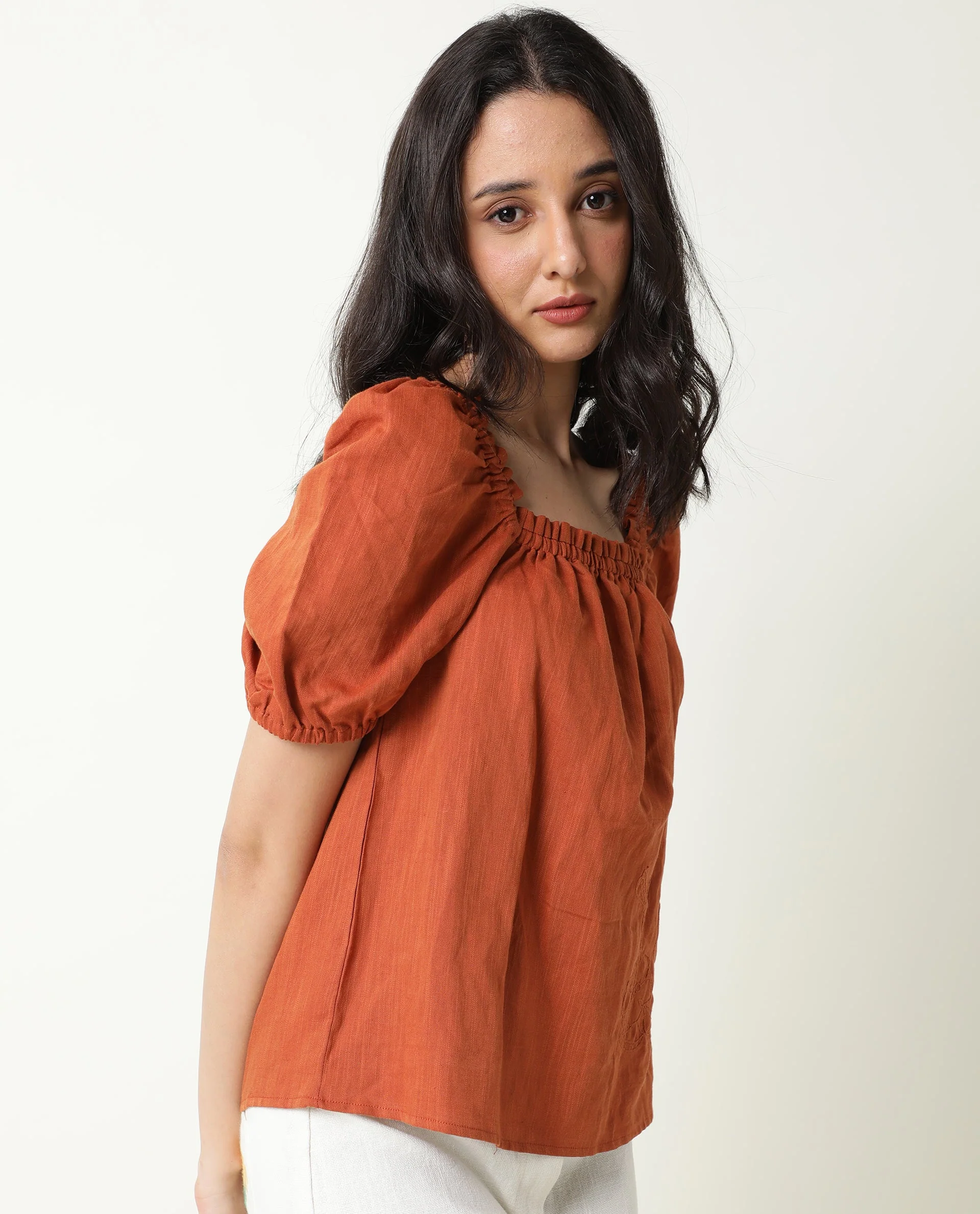 Rareism Womens Gamora Rust Top Cotton Linen Fabric Loose Fit Puff Sleeves Square Neck - Image 4